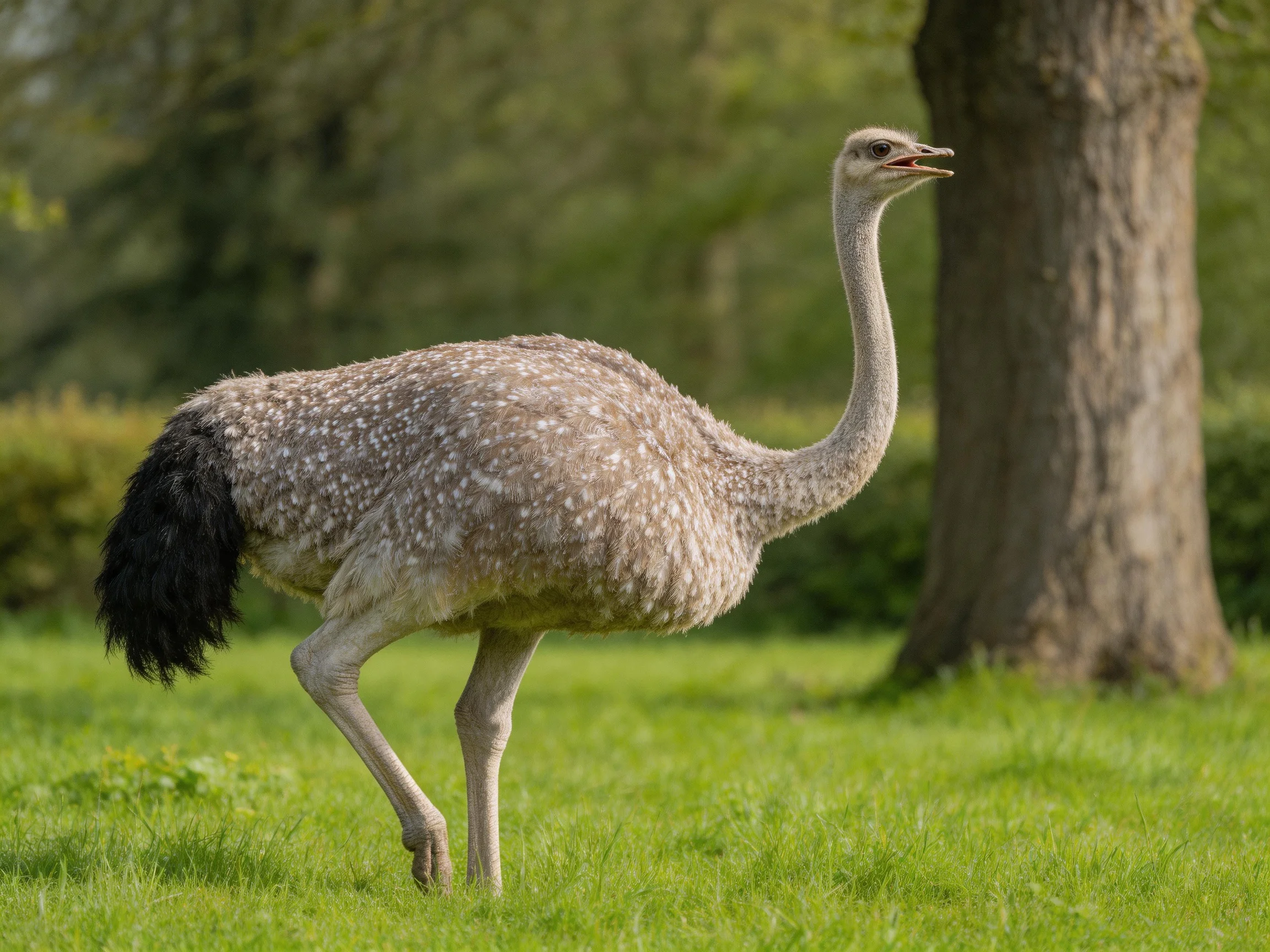 Speckled young ostrich walks through vibrant green grass beside a tree