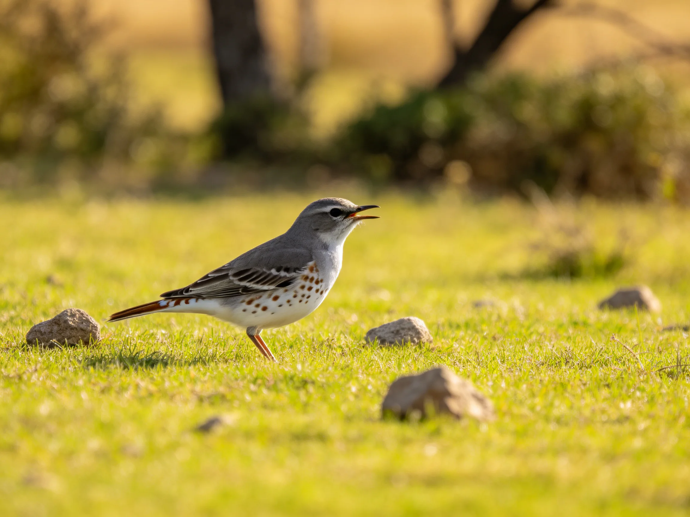 Spotted Gray-Bodied Bird on Sunlit Grass Near Rocks
