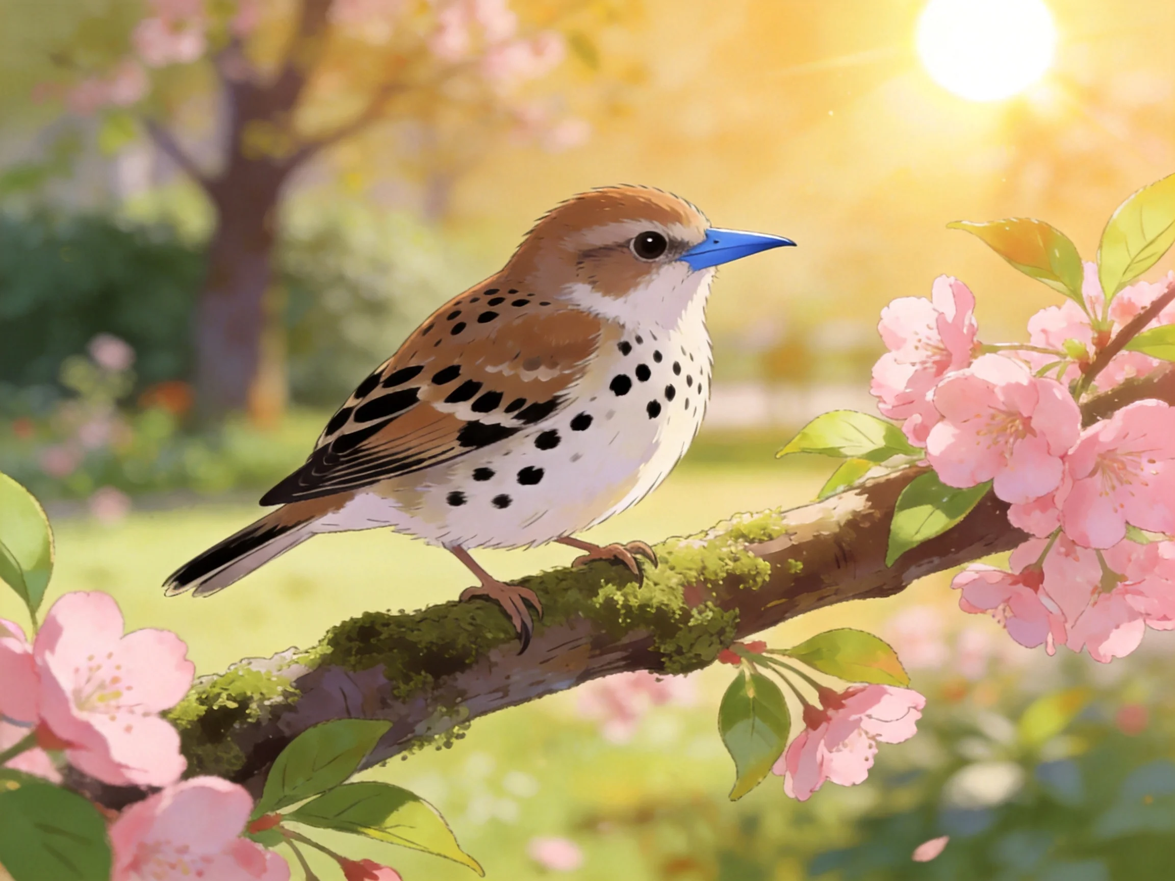 Spotted bird with blue beak perches on mossy branch near pink blossoms