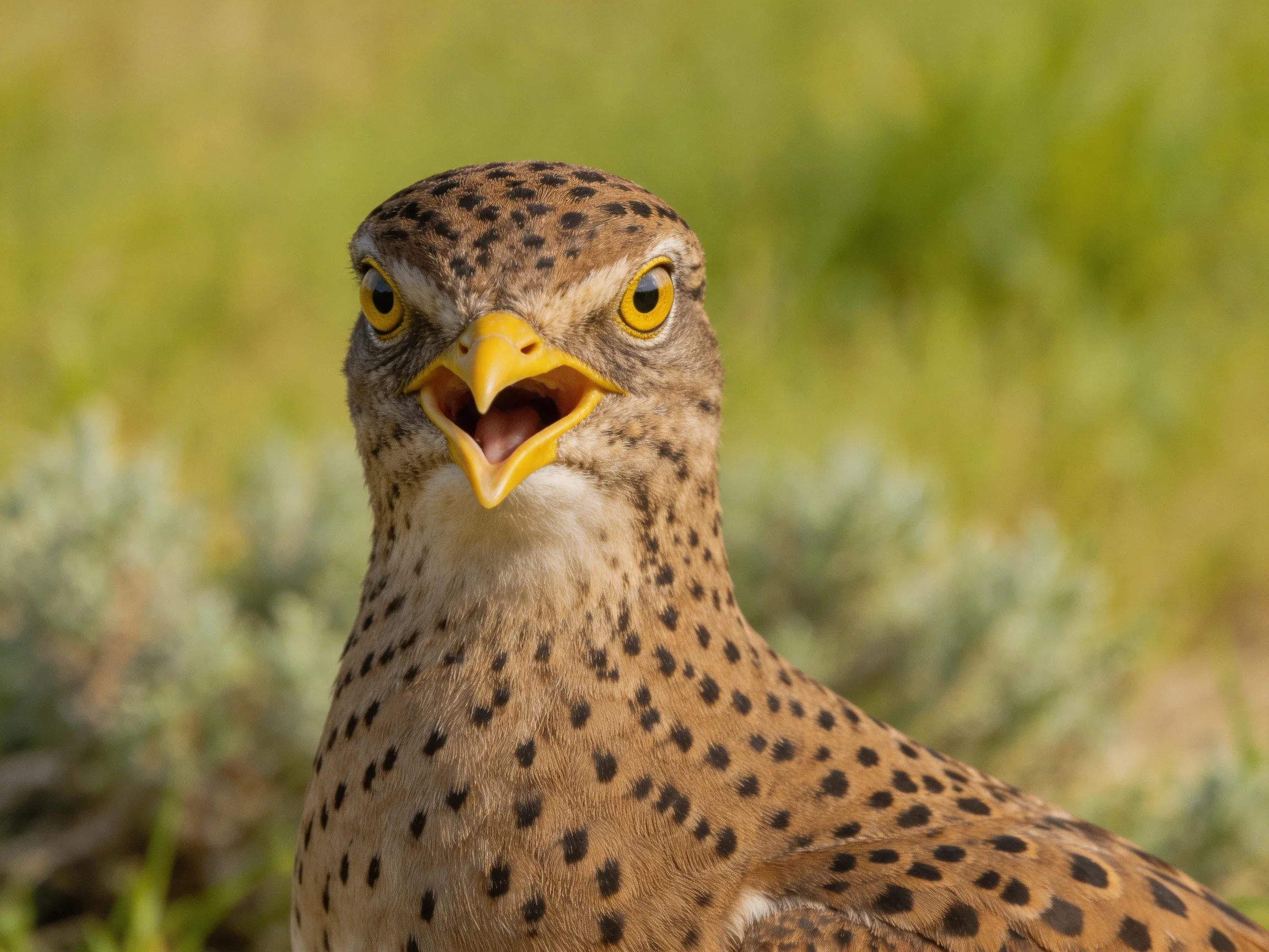 Spotted bird with yellow beak vocalizing outdoors