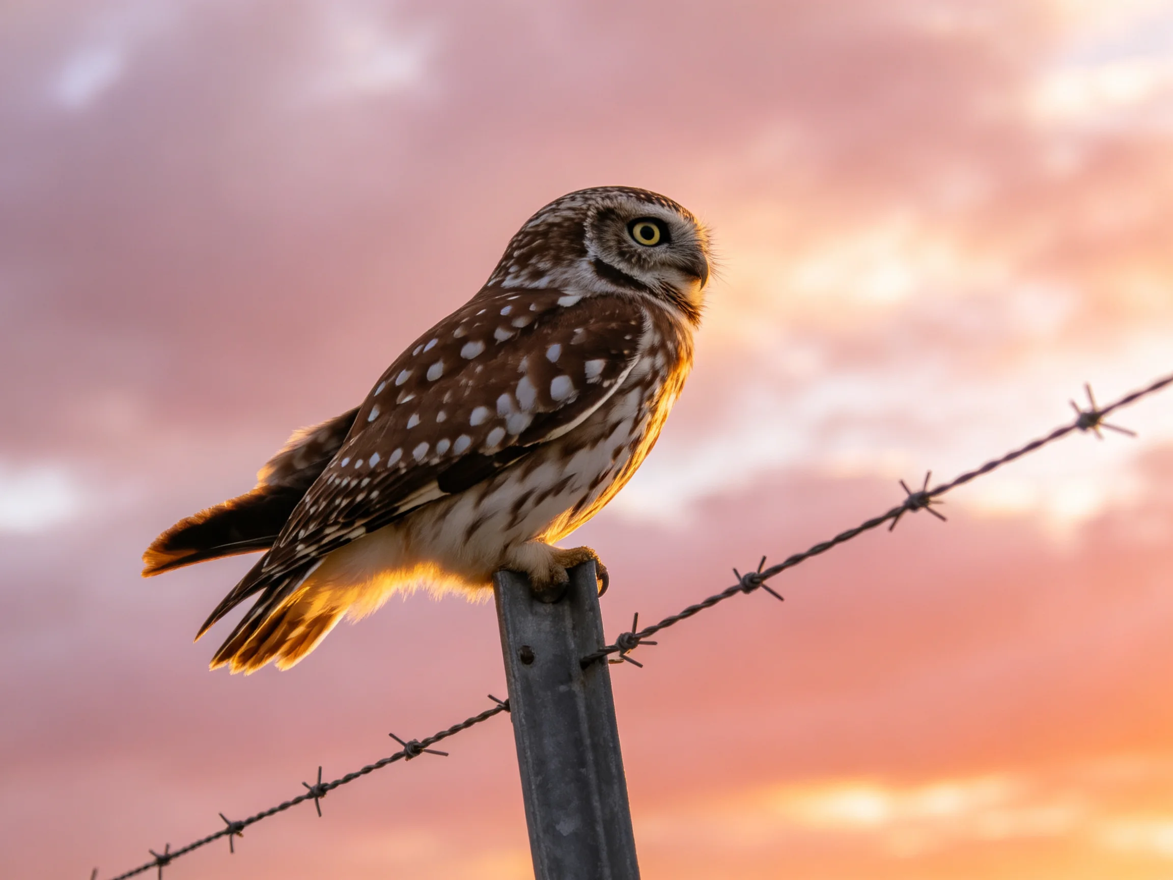 Spotted owl perched on barbed wire at sunset