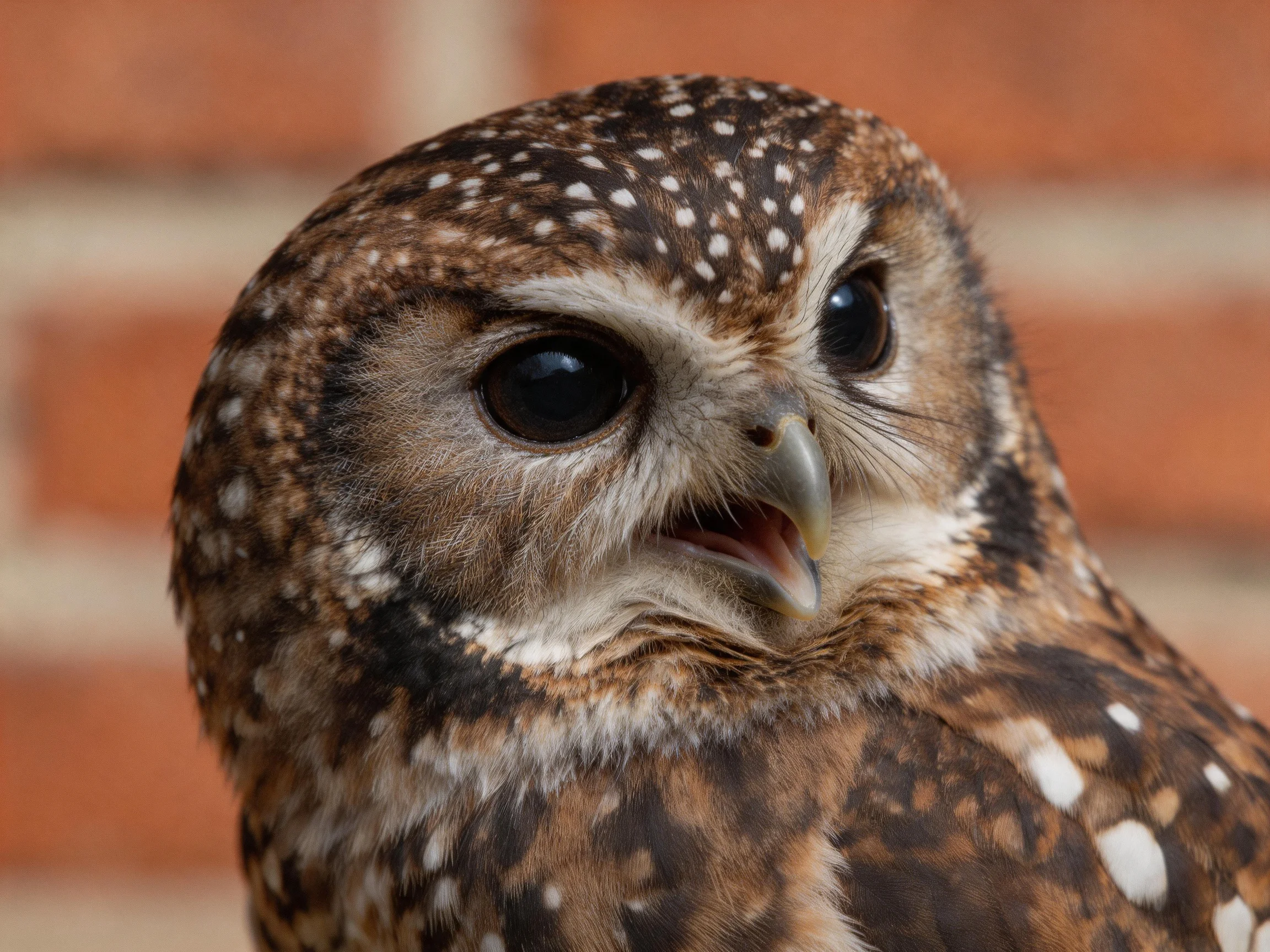 Spotted owl with large dark eyes near a brick wall