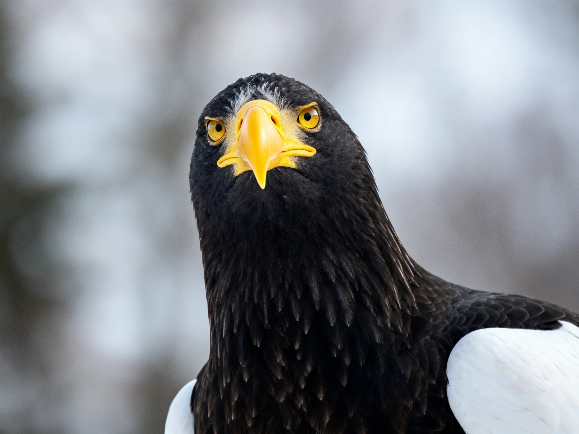 Stellers sea eagle with glossy black feathers and white wing patches