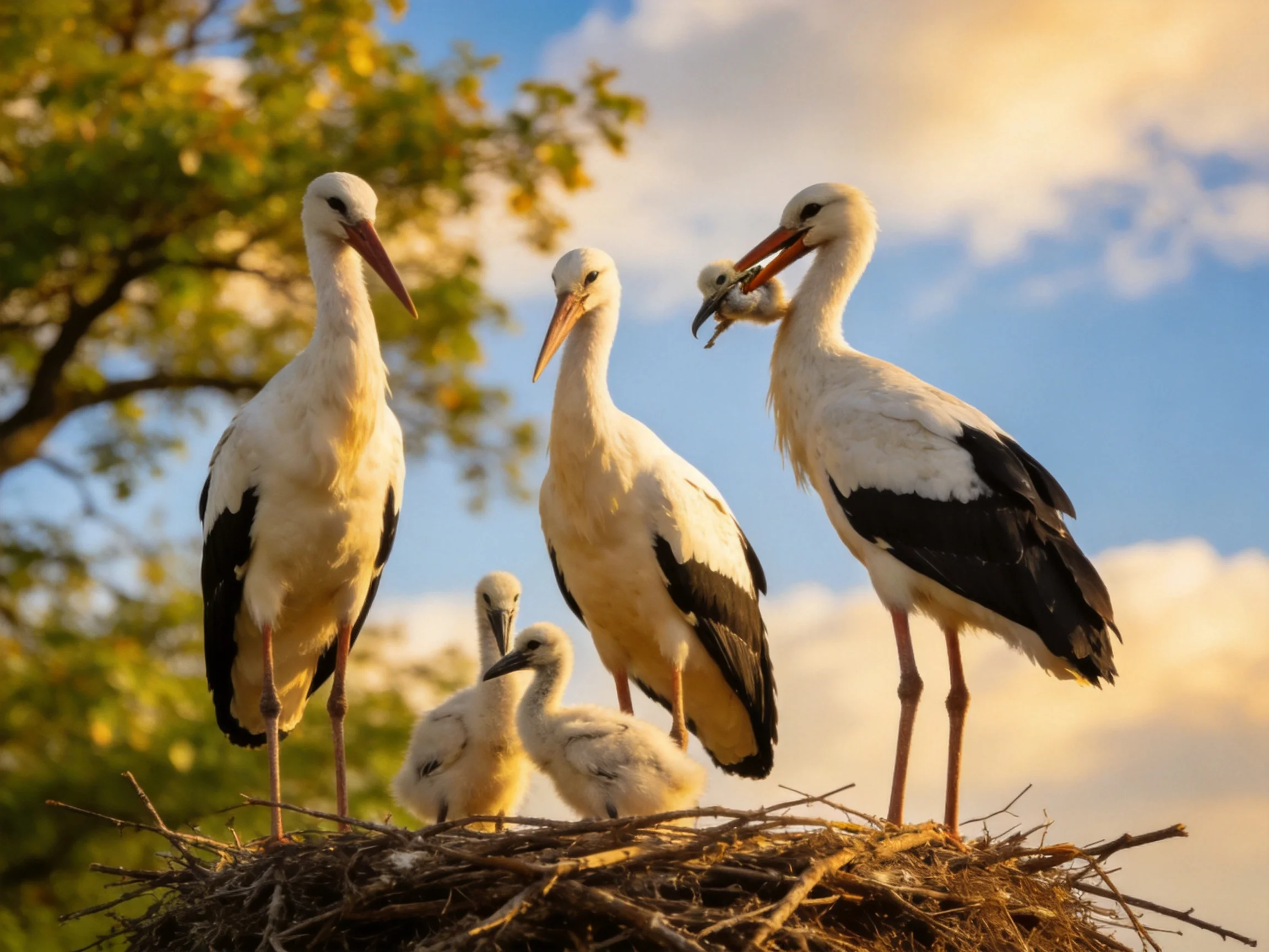 Stork group with chicks in a large nest under a sunny sky
