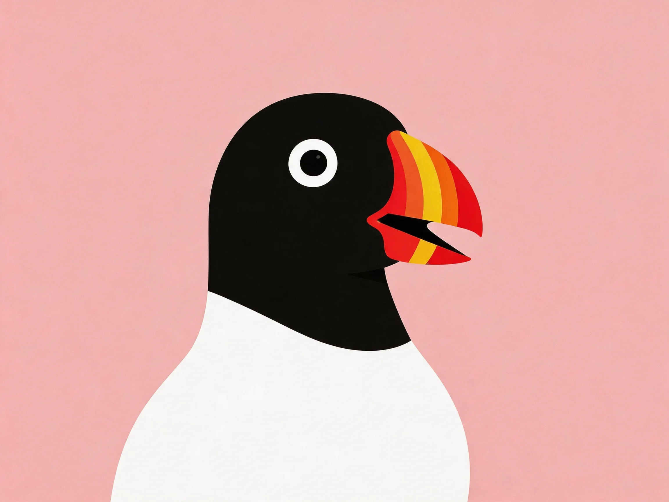 Stylized Bird with Black Head, White Body, Vibrant Striped Beak on Pink Background