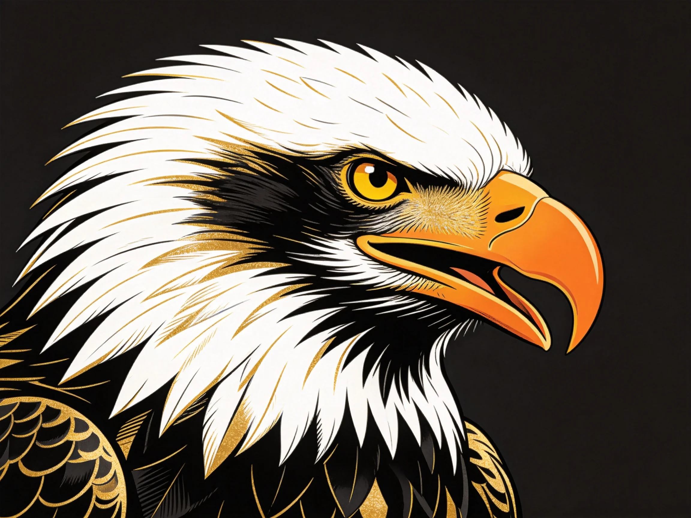 Stylized bald eagle head with white, black, and gold plumage