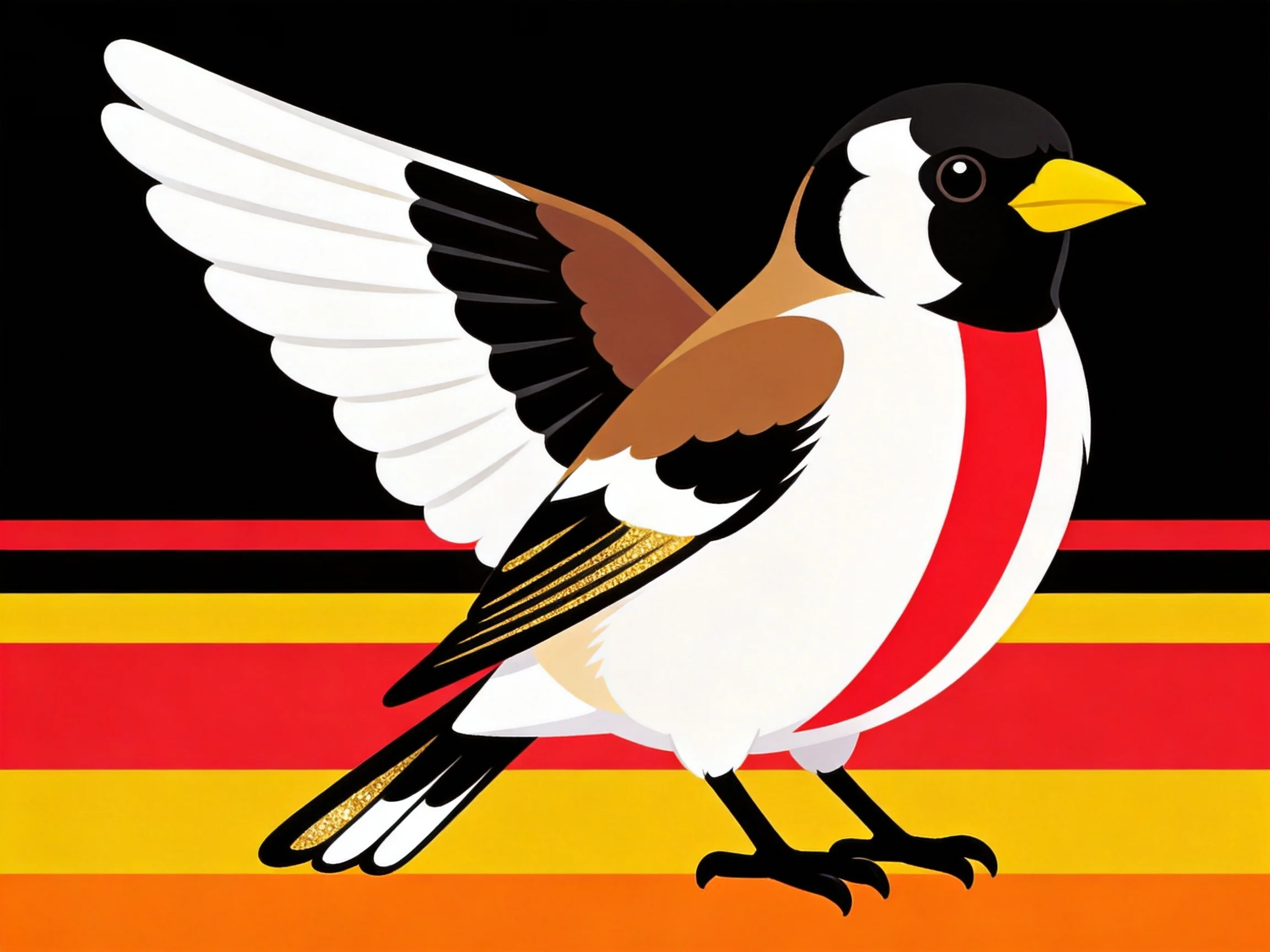 Stylized bird with vibrant red, black, white, and brown plumage; horizontal striped backdrop