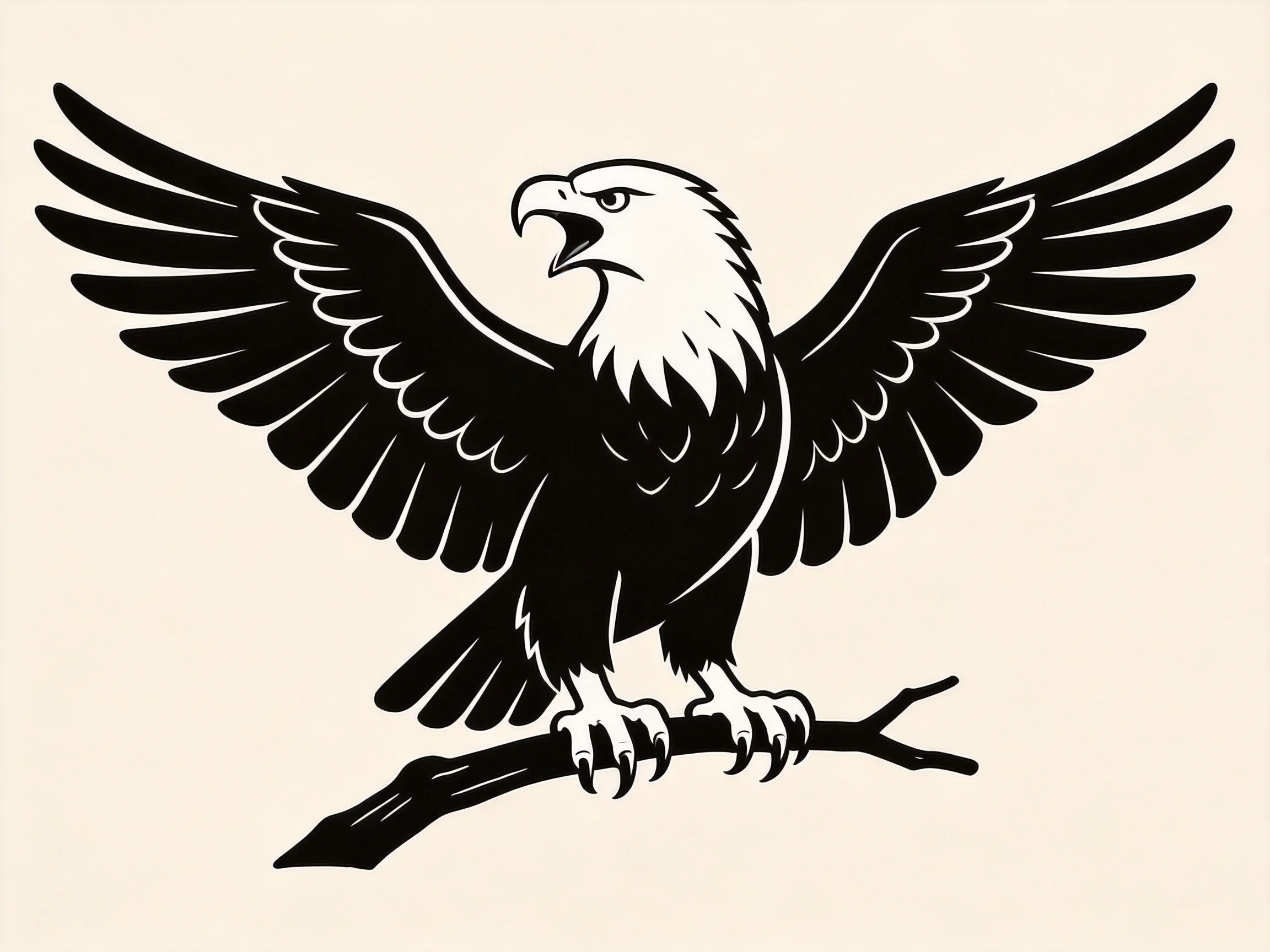 Stylized black and white eagle with outstretched wings on a branch