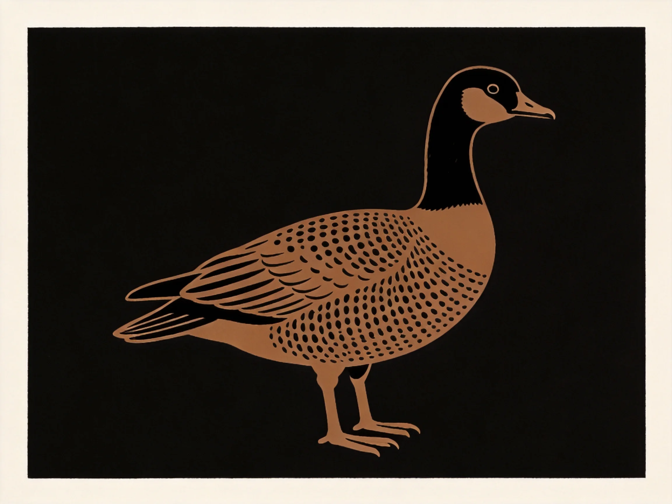 Stylized brown and black bird illustration on solid black background