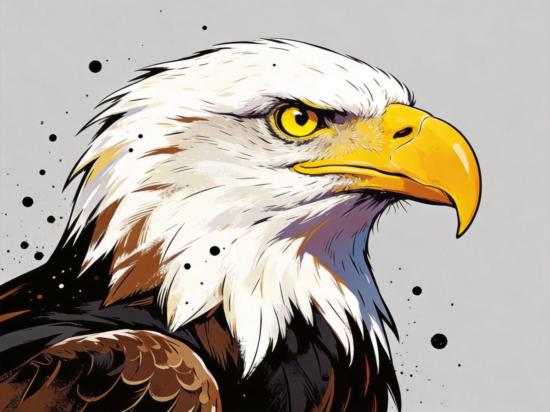 Stylized illustration of a bald eagle with bold colors and ink splatters