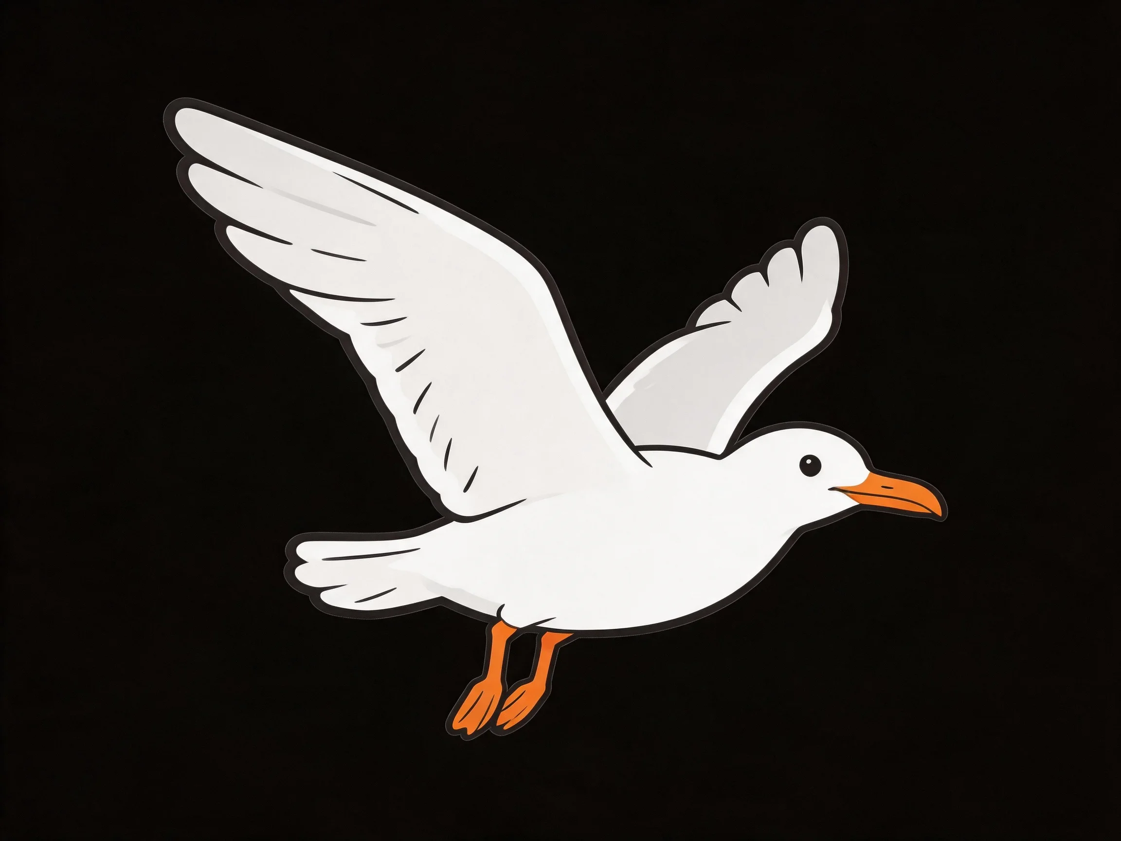 Stylized white seagull with orange beak flies against solid black