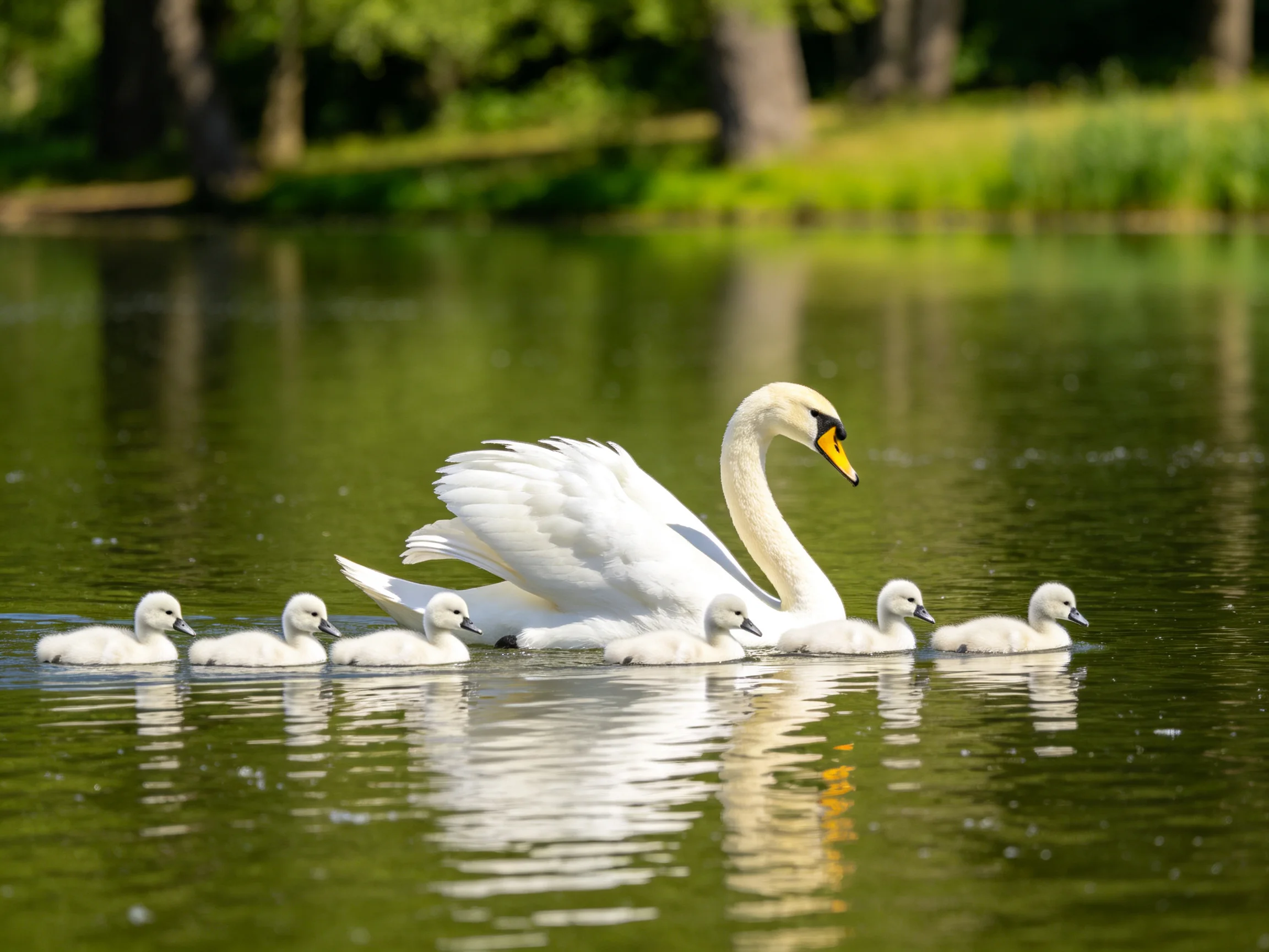 Swan leading five cygnets on calm green water