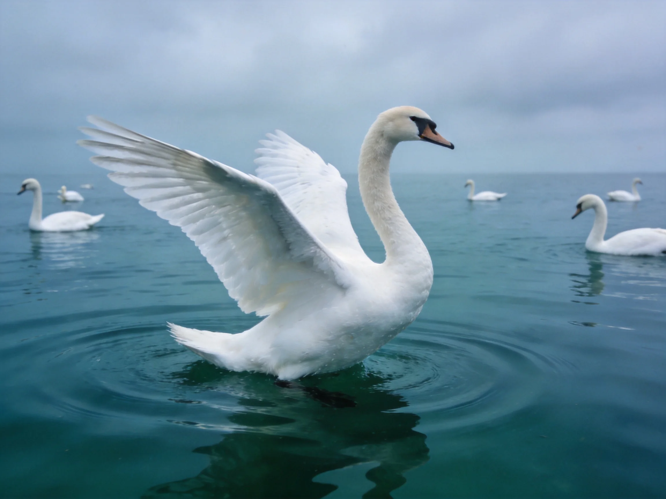 Swan spreading wings among group on turquoise water under overcast sky