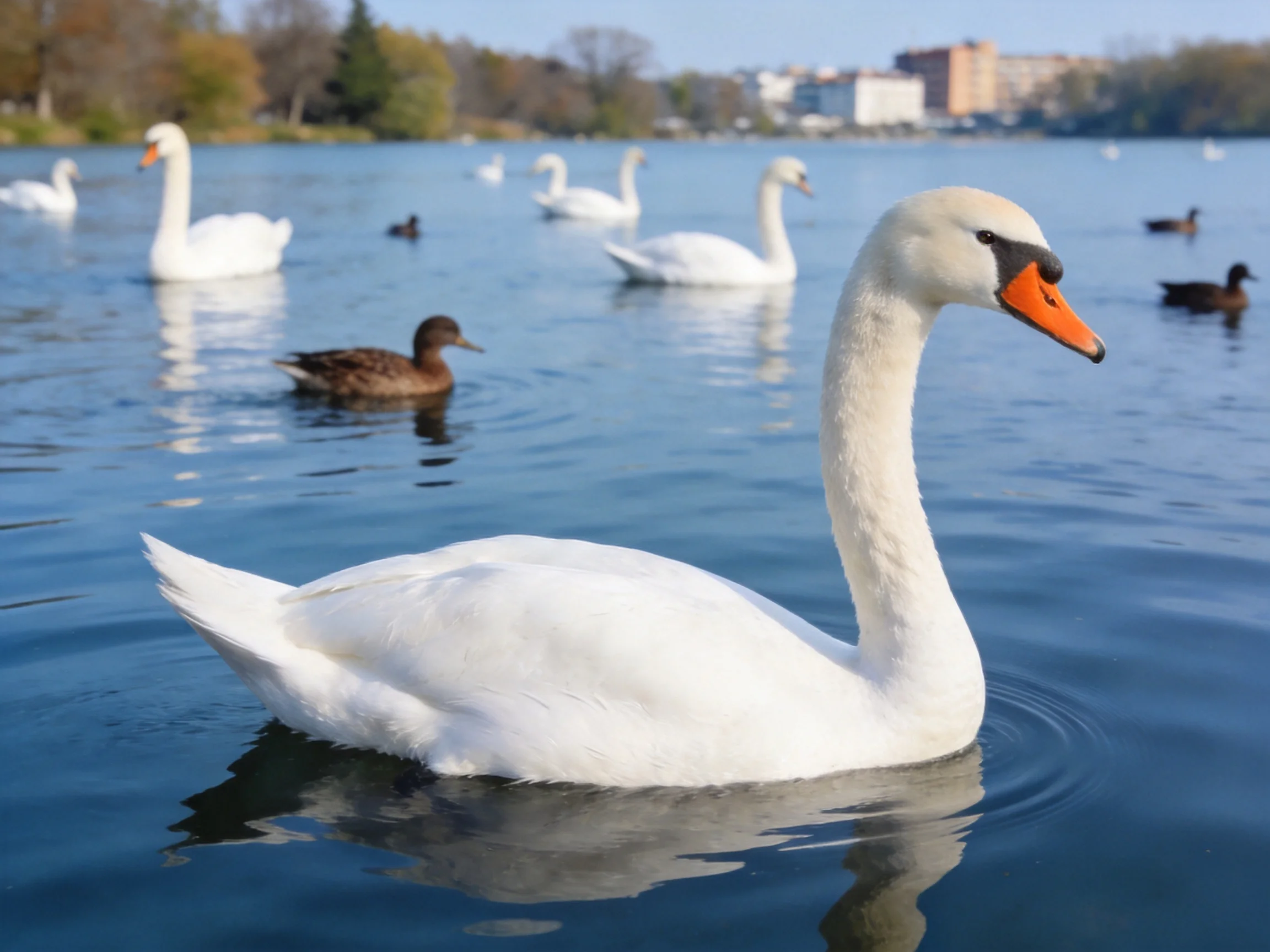 Swans and ducks glide on calm lake waters near buildings
