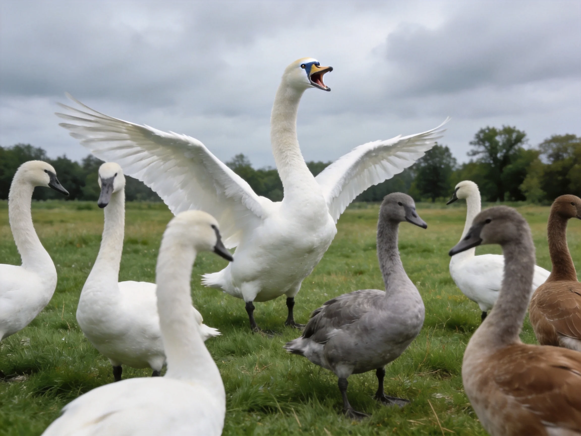 Swans and ducks in a grassy field with diverse plumages