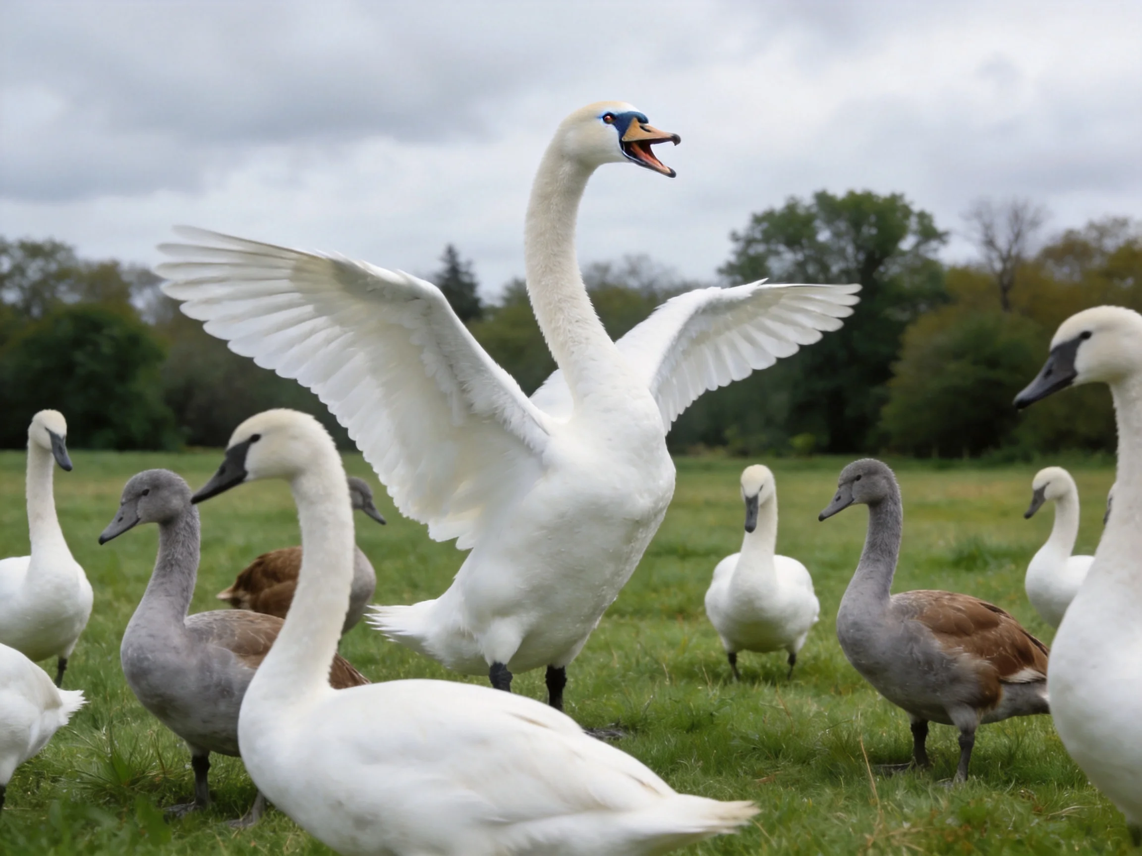 Swans, including adults and juveniles, in a grassy field
