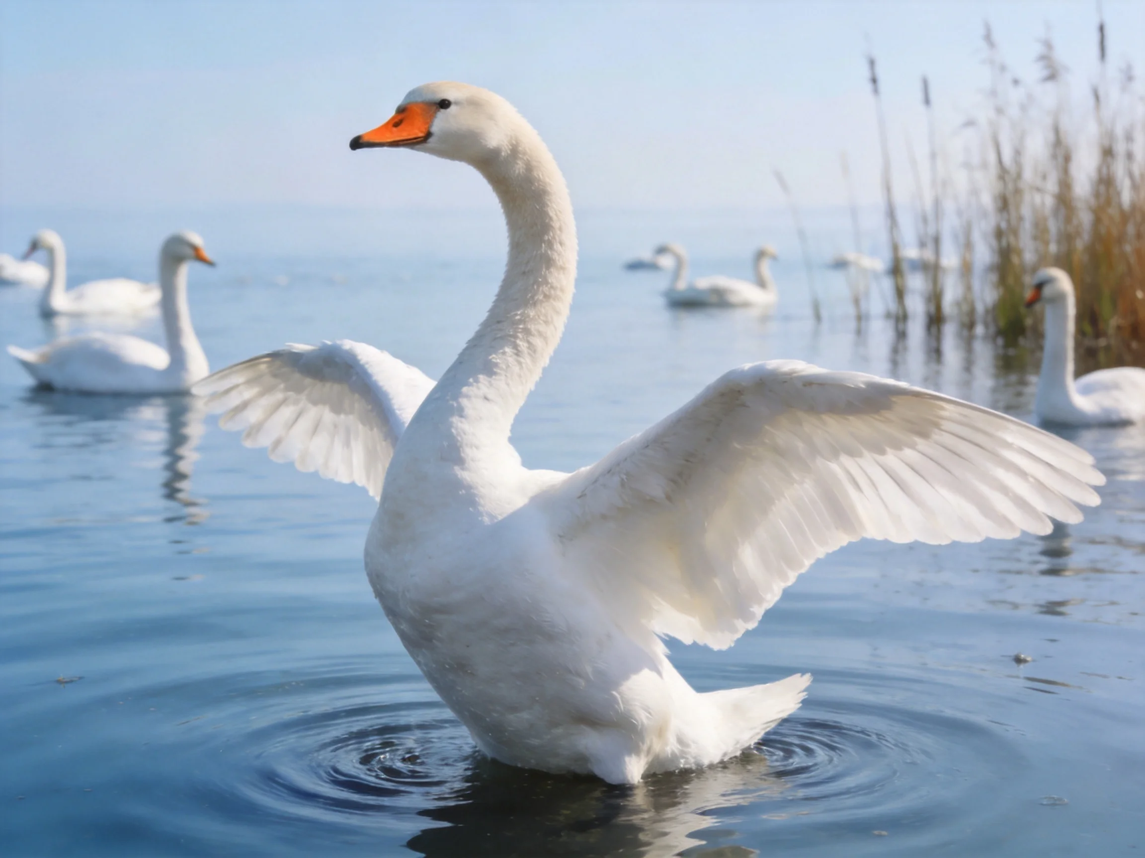 Swans swimming in calm blue water near tall reeds