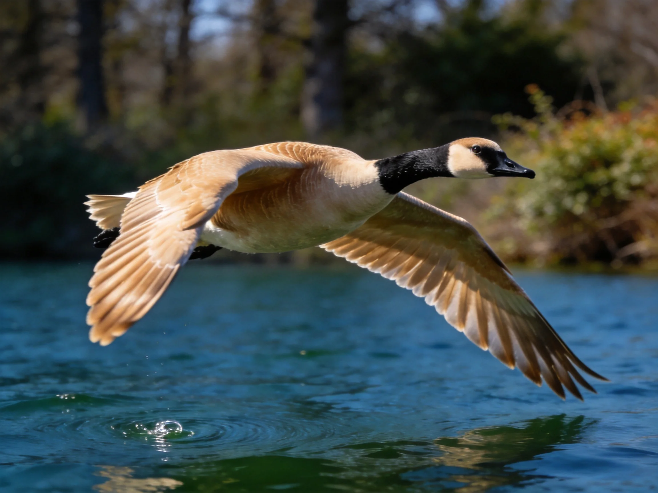 Tan and black goose soaring over shimmering blue water