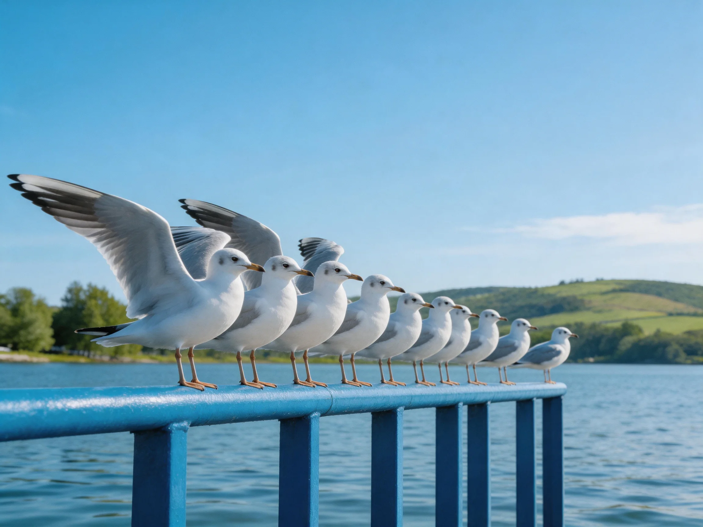 Ten seagulls lined up on a blue railing by the water