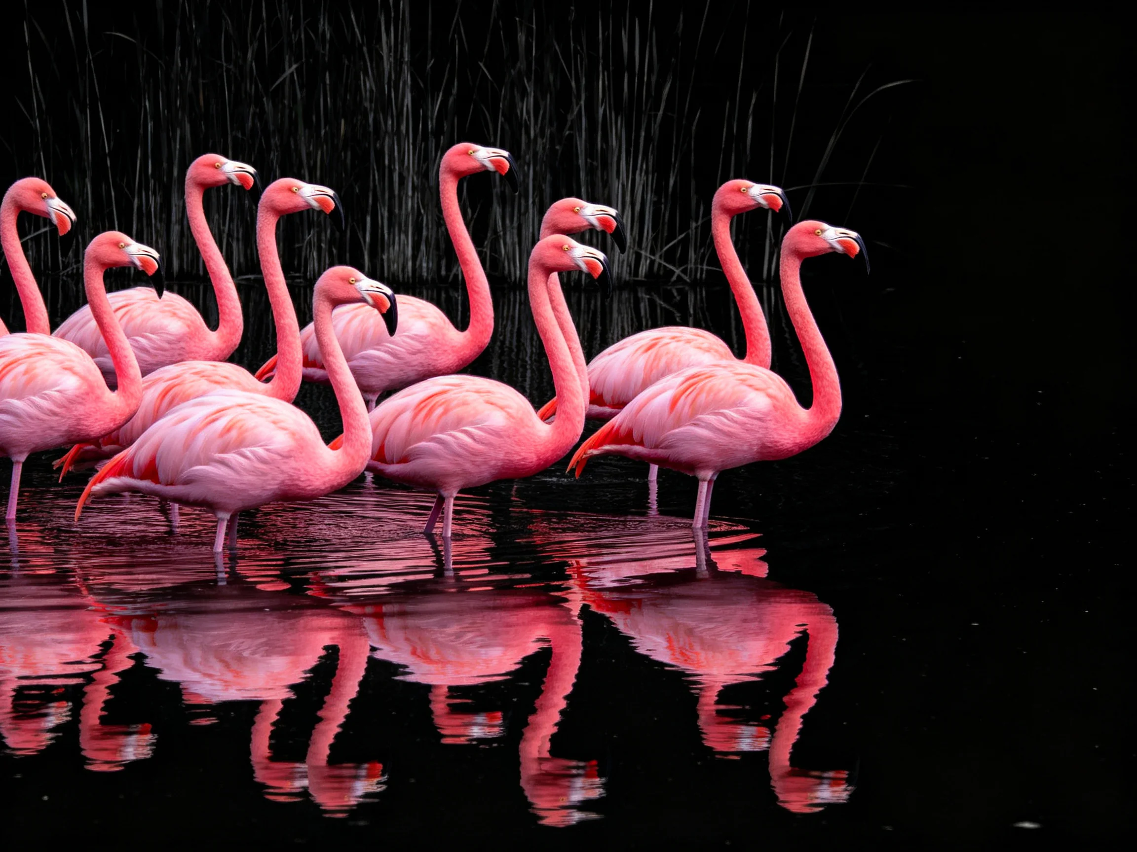 Ten vibrant pink flamingos stand in reflective black water