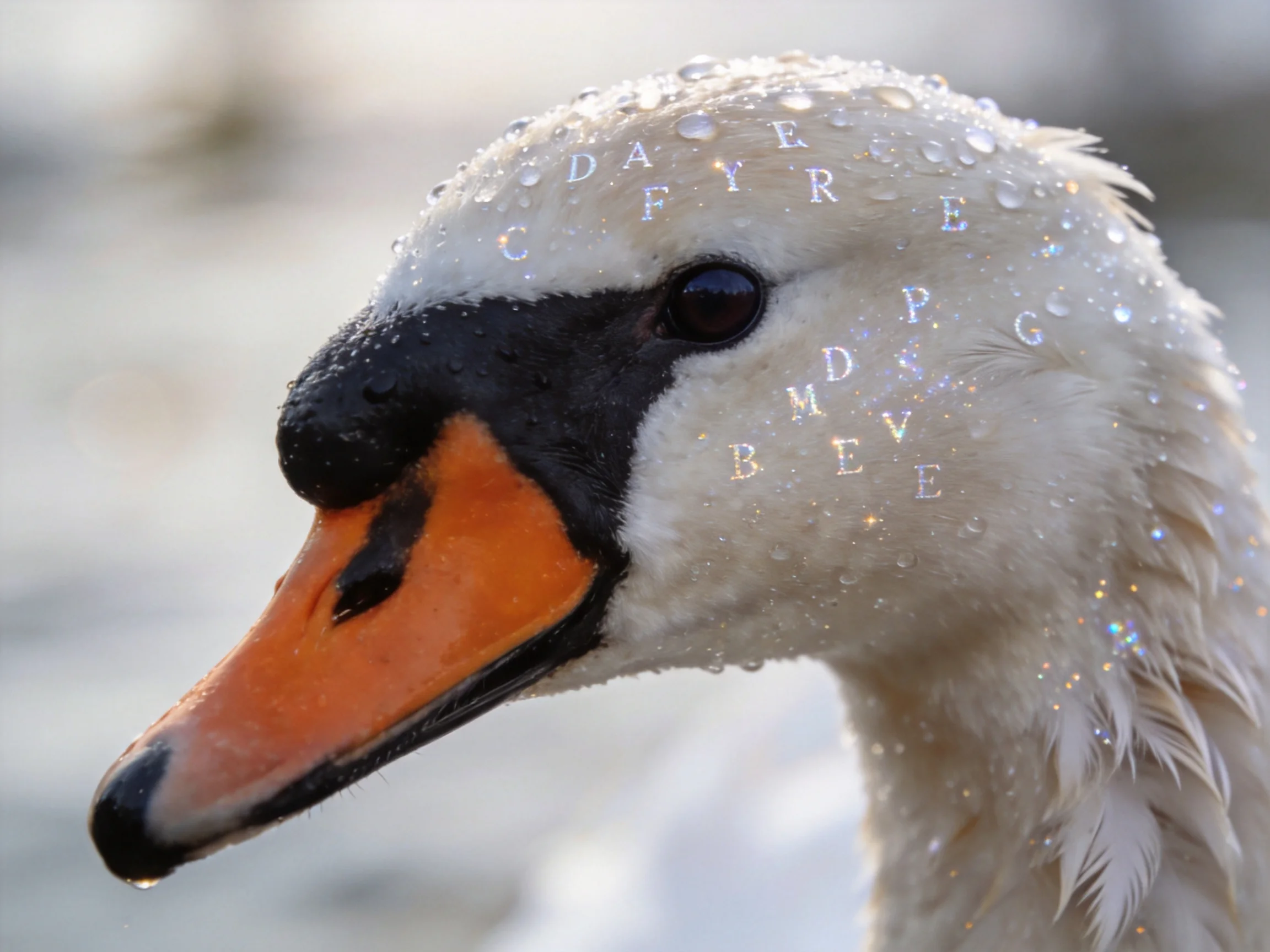 The image shows a close - up of a swan with its white feathers covered