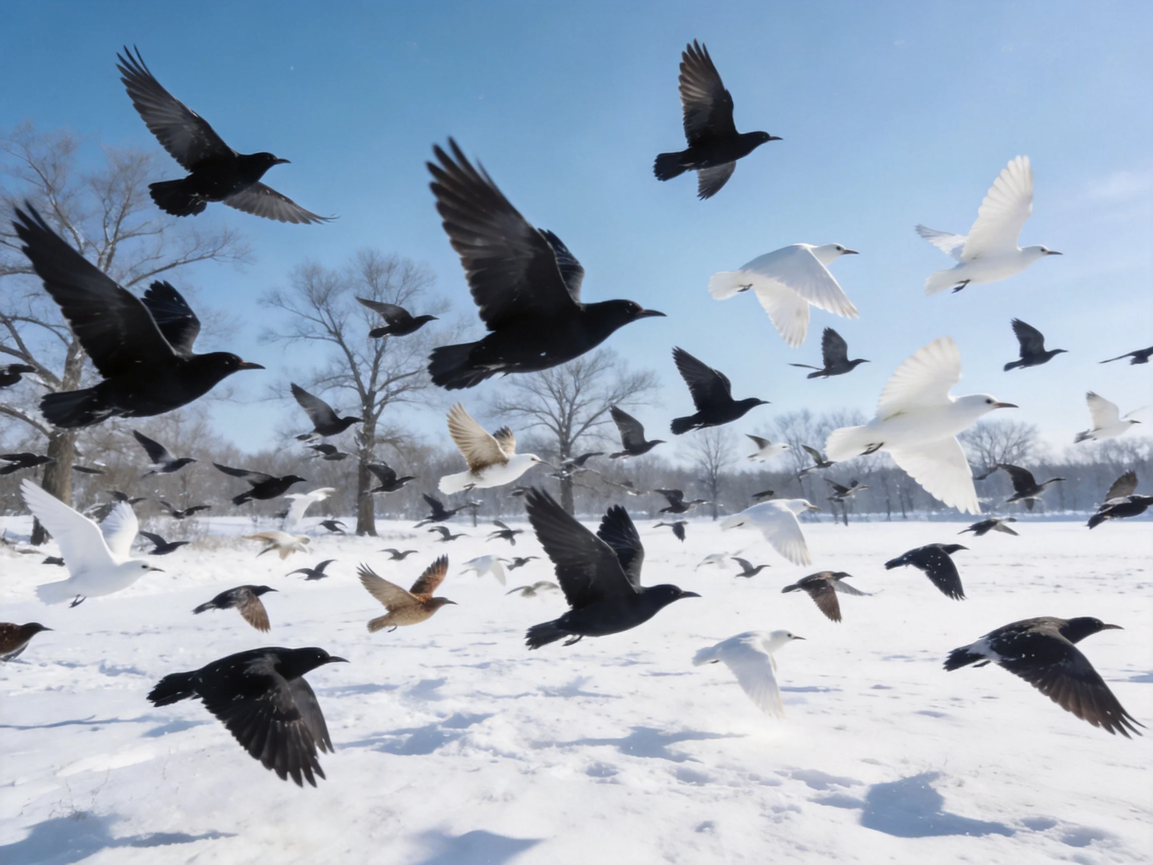 Thirty-plus birds flying over snowy landscape with bare trees