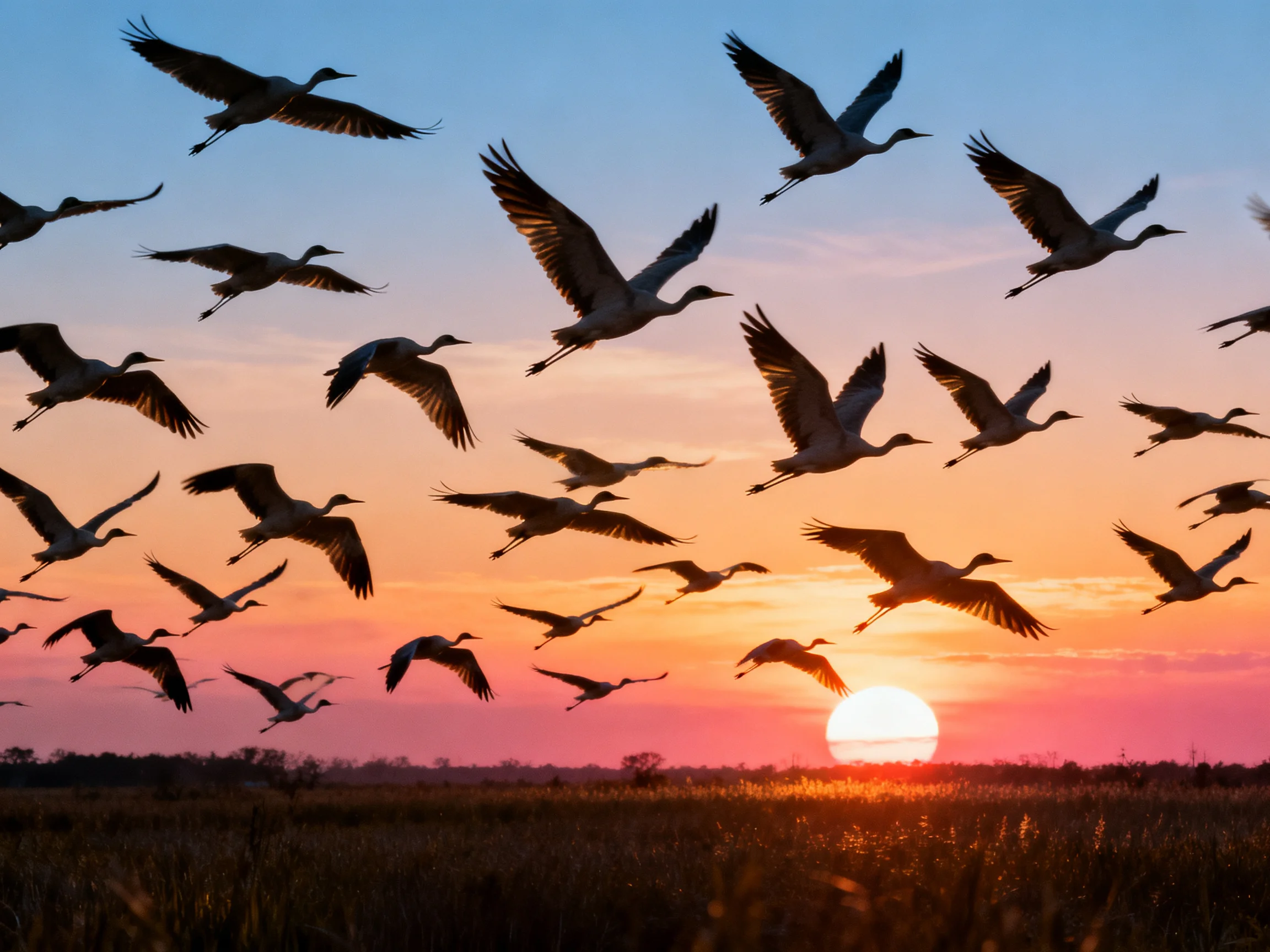 Thirty-plus birds silhouetted against vibrant sunset sky over grassy field