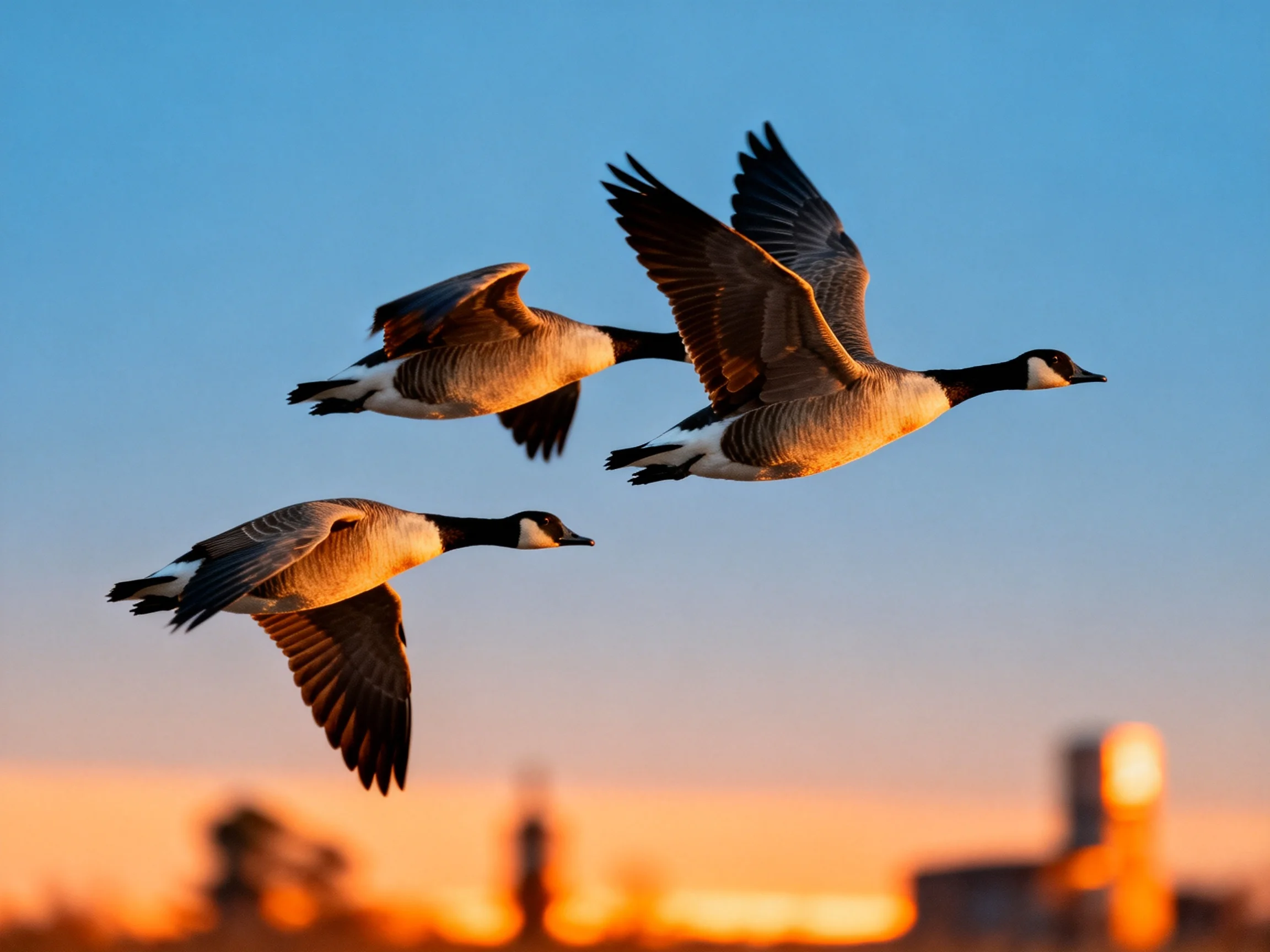 Three Canada Geese Soaring at Sunset with Golden Light