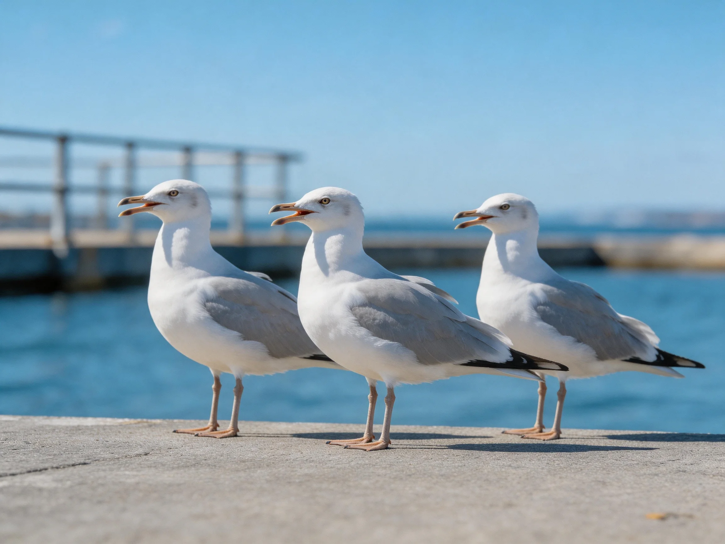 Three Seagulls Standing on Concrete Near Blue Water