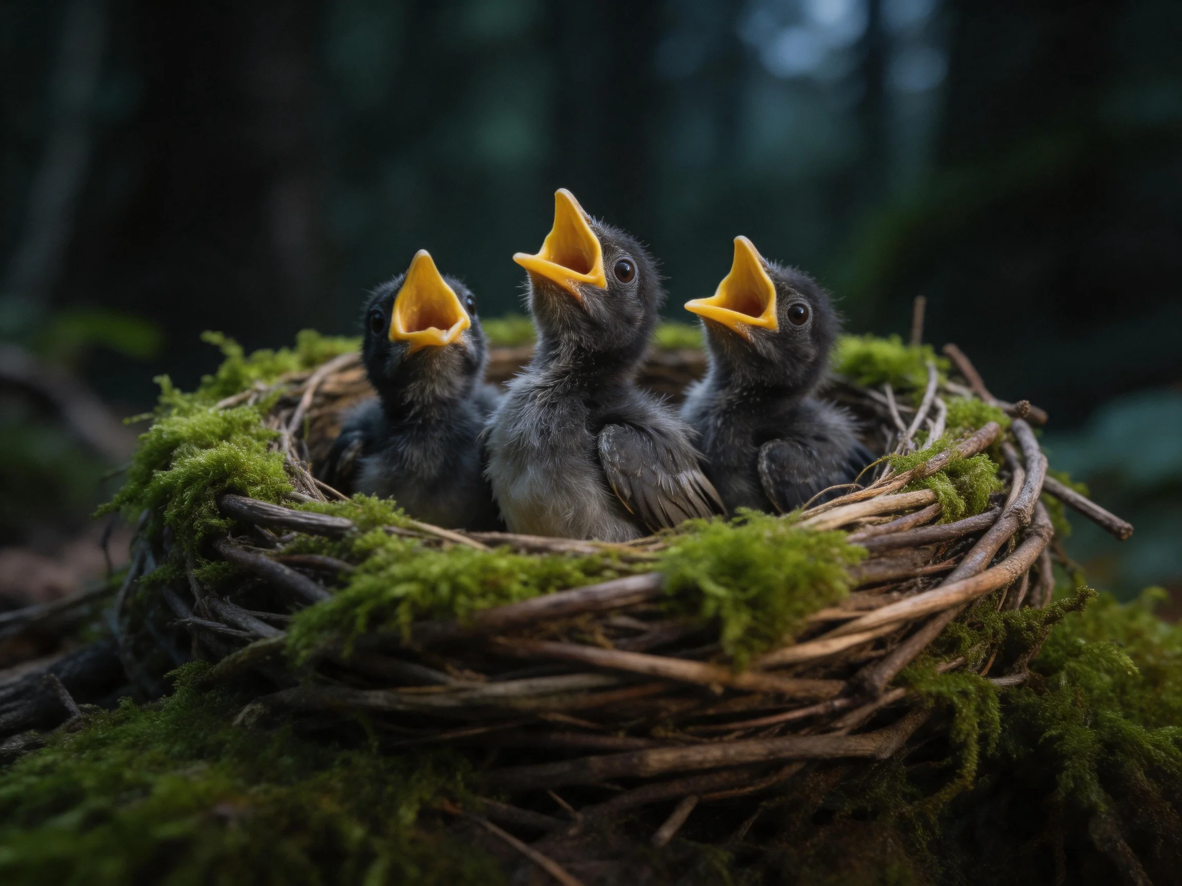 Three baby birds in a moss-covered nest with open beaks