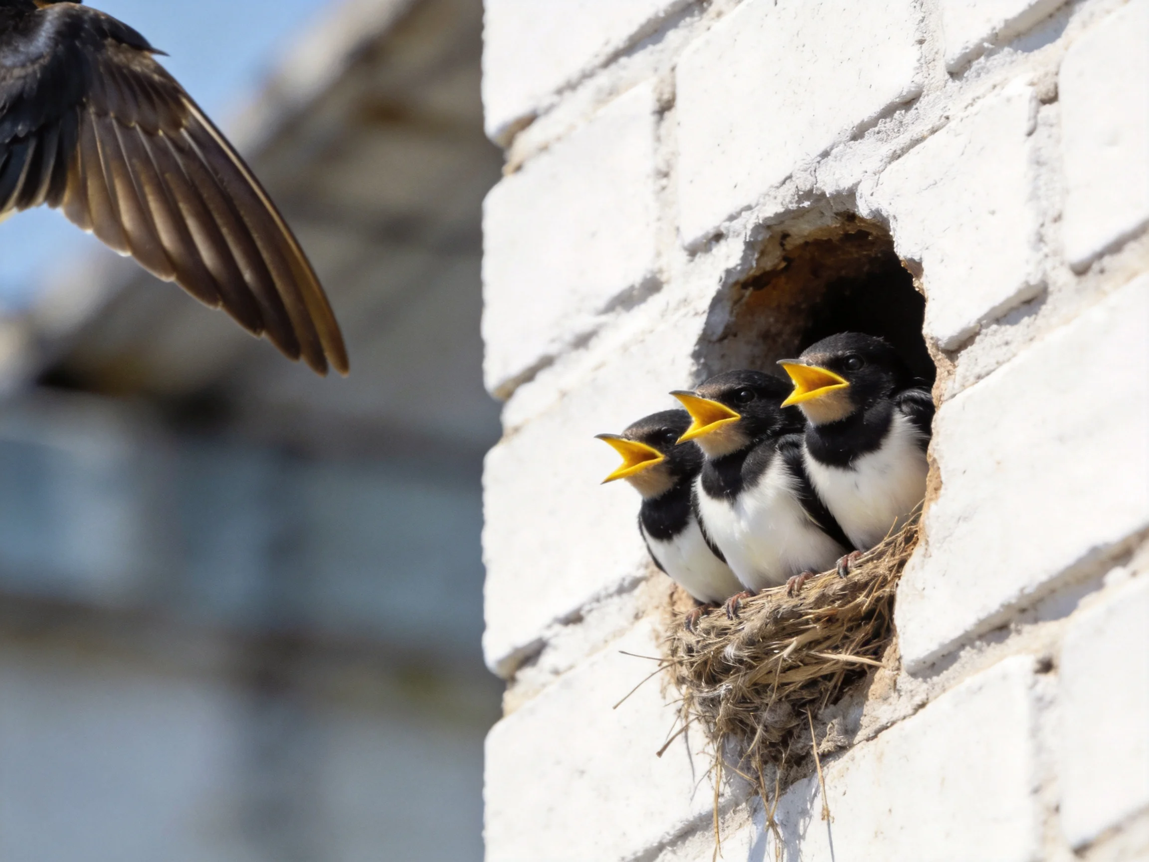 Three baby birds in a white brick wall nest with an adult bird approaching
