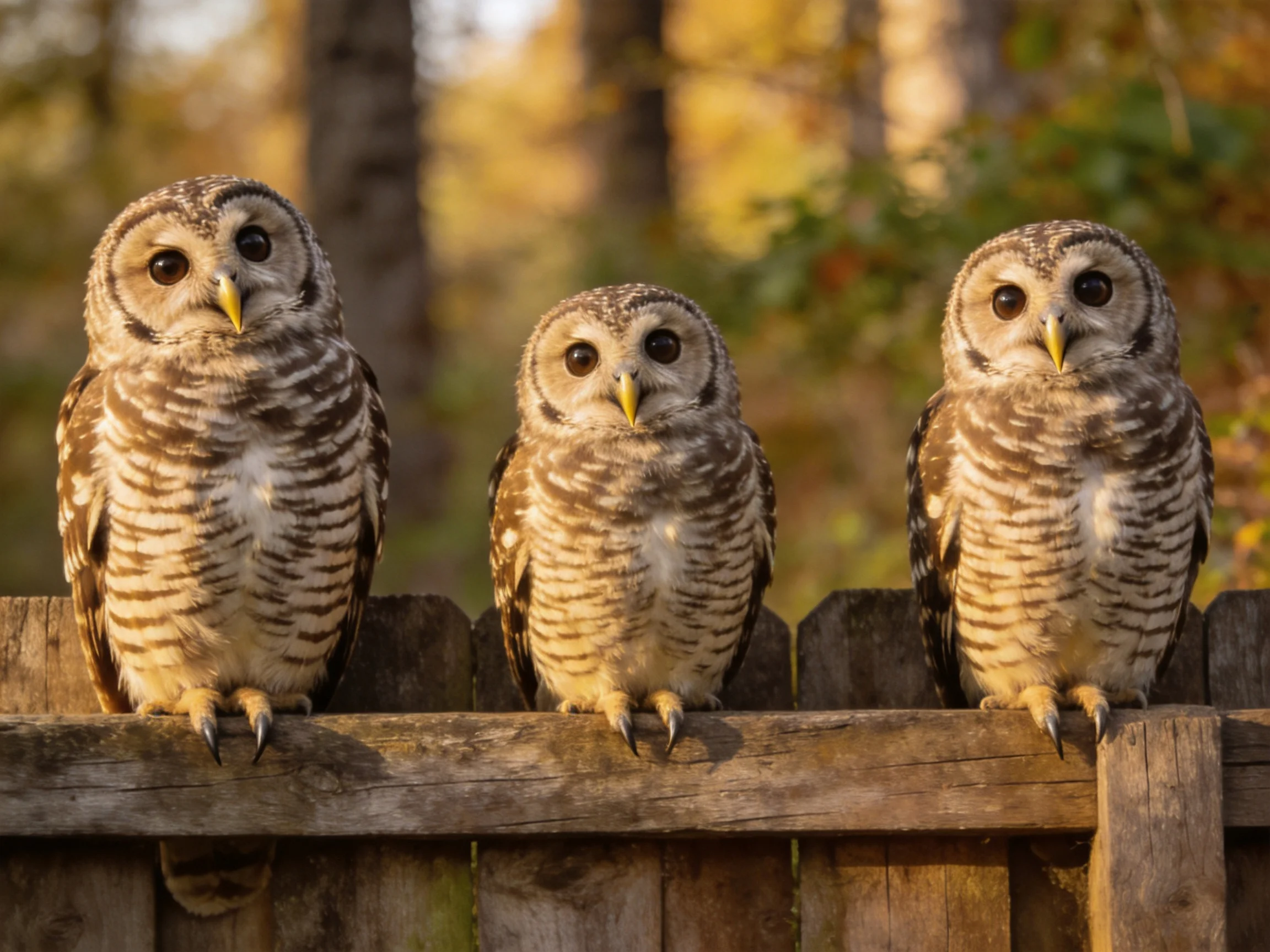 Three barred owls with patterned plumage perch on a wooden fence