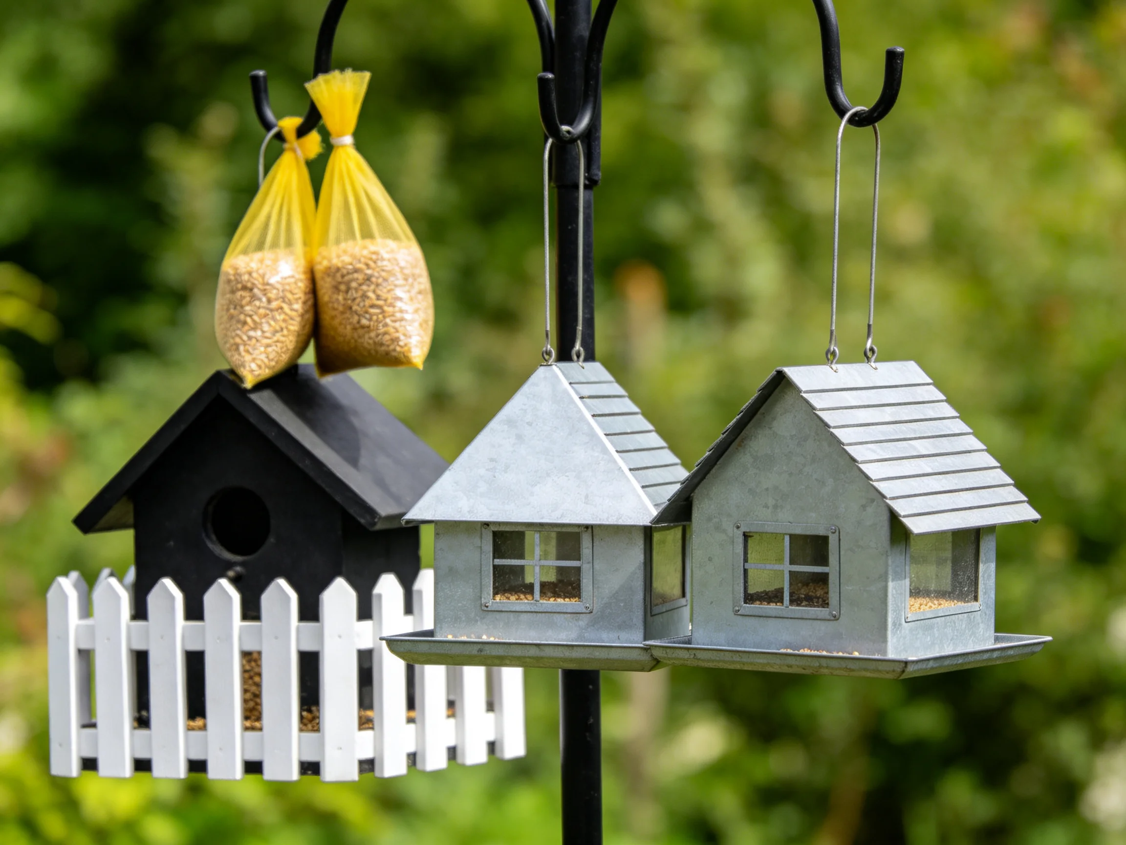 Three bird feeders and two seed bags hang from hooks outdoors