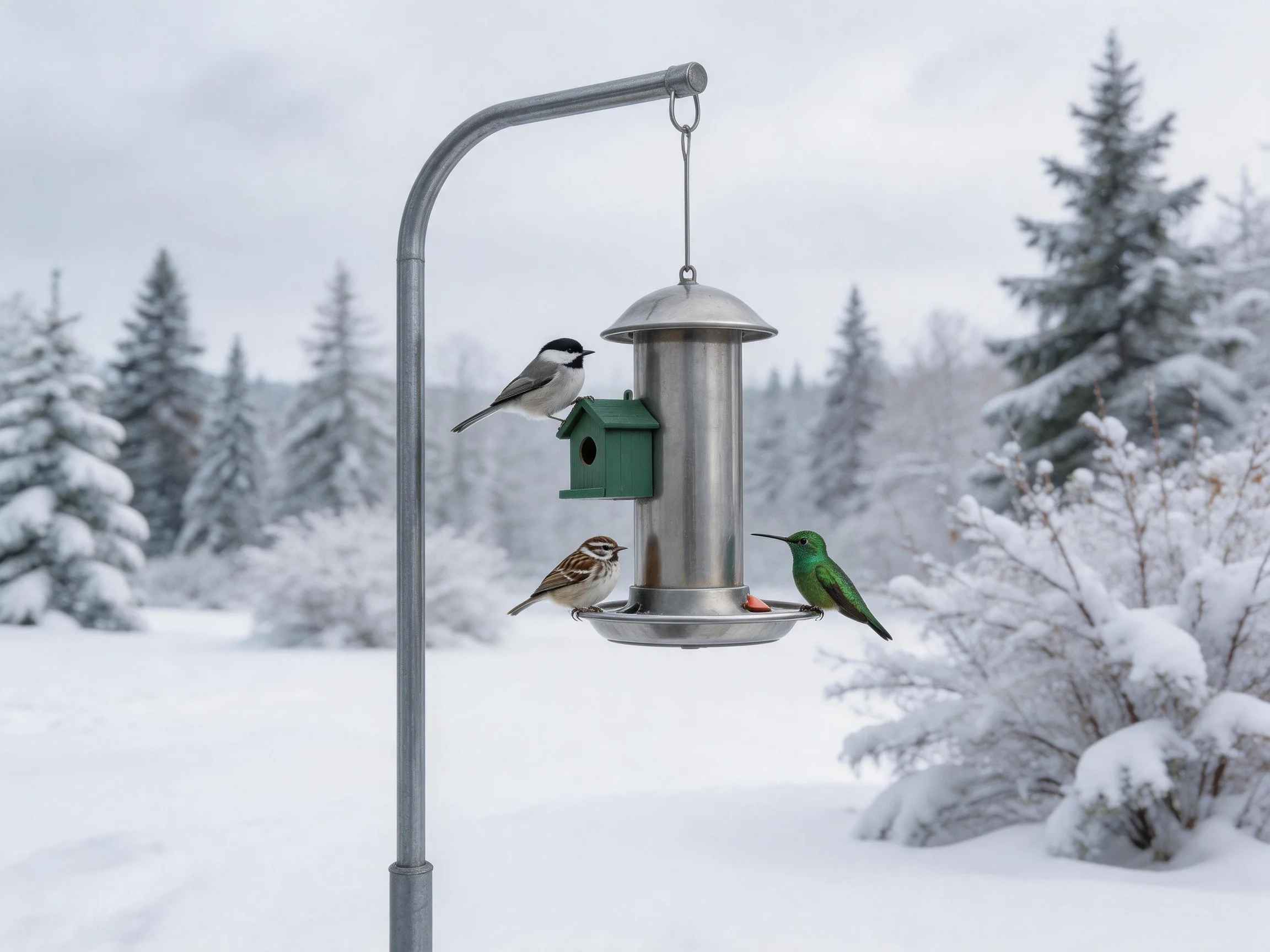Three birds gather on a metallic feeder amid snow-covered evergreens