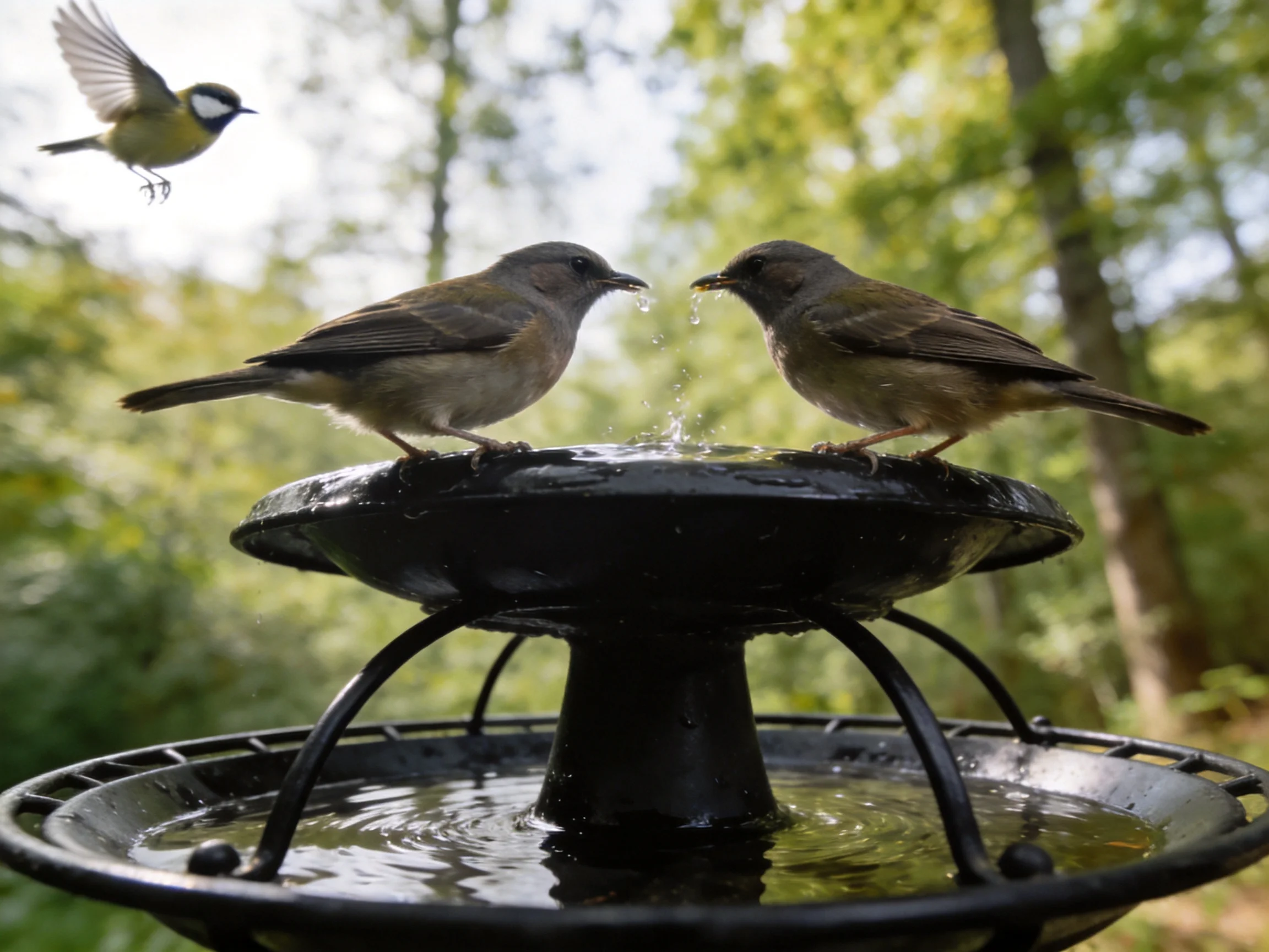 Three birds interact near a black outdoor water fountain