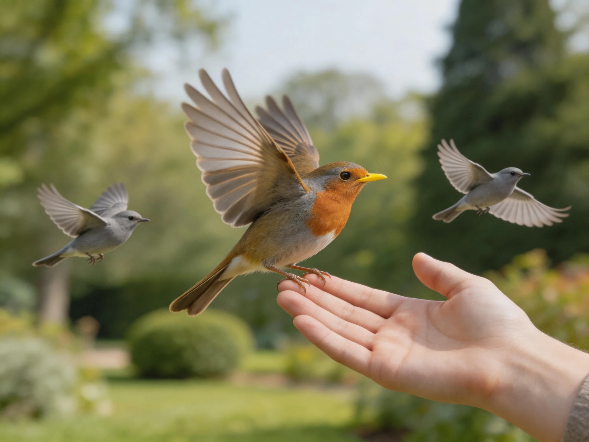 Three birds, one a robin, near a human hand in a garden