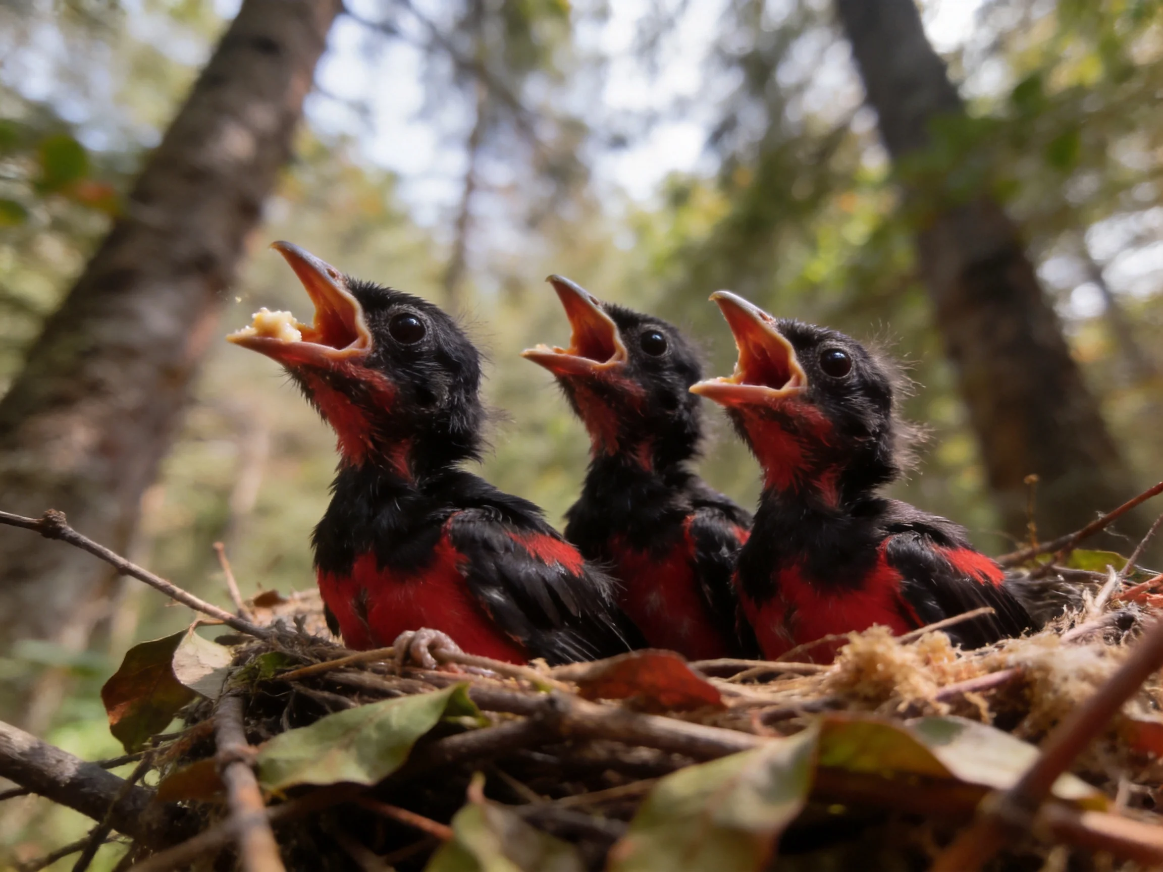Three black and red baby birds in a forest nest