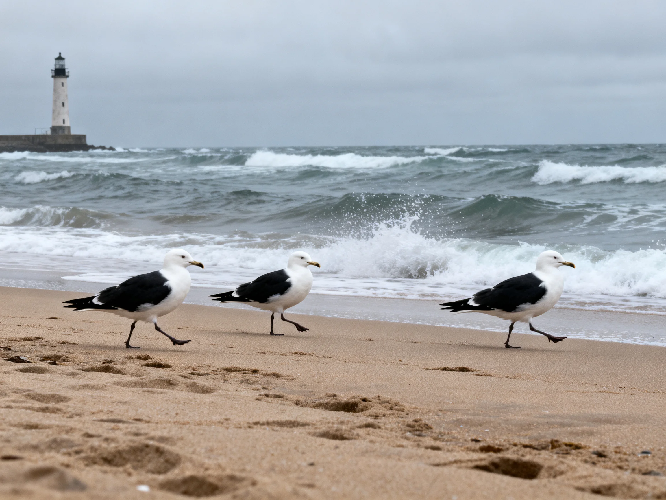 Three black-and-white seagulls walk along a sandy beach near crashing waves