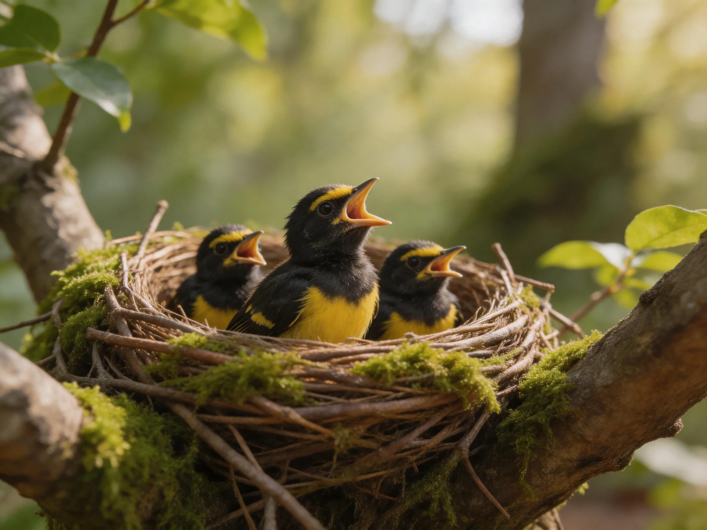 Three black-and-yellow baby birds in a mossy twig nest