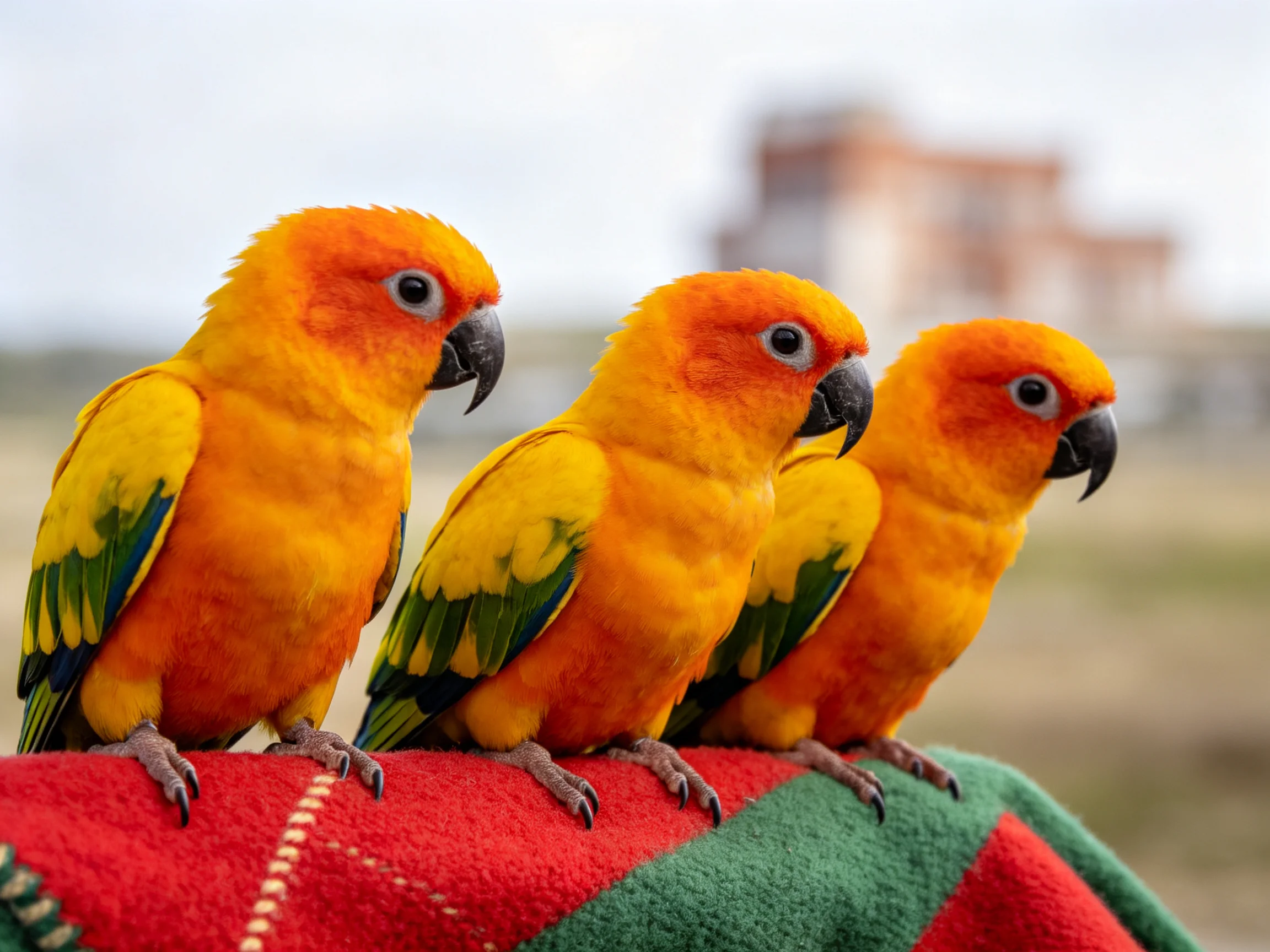 Three bright-hued parrots perch on a red-green fabric outdoors