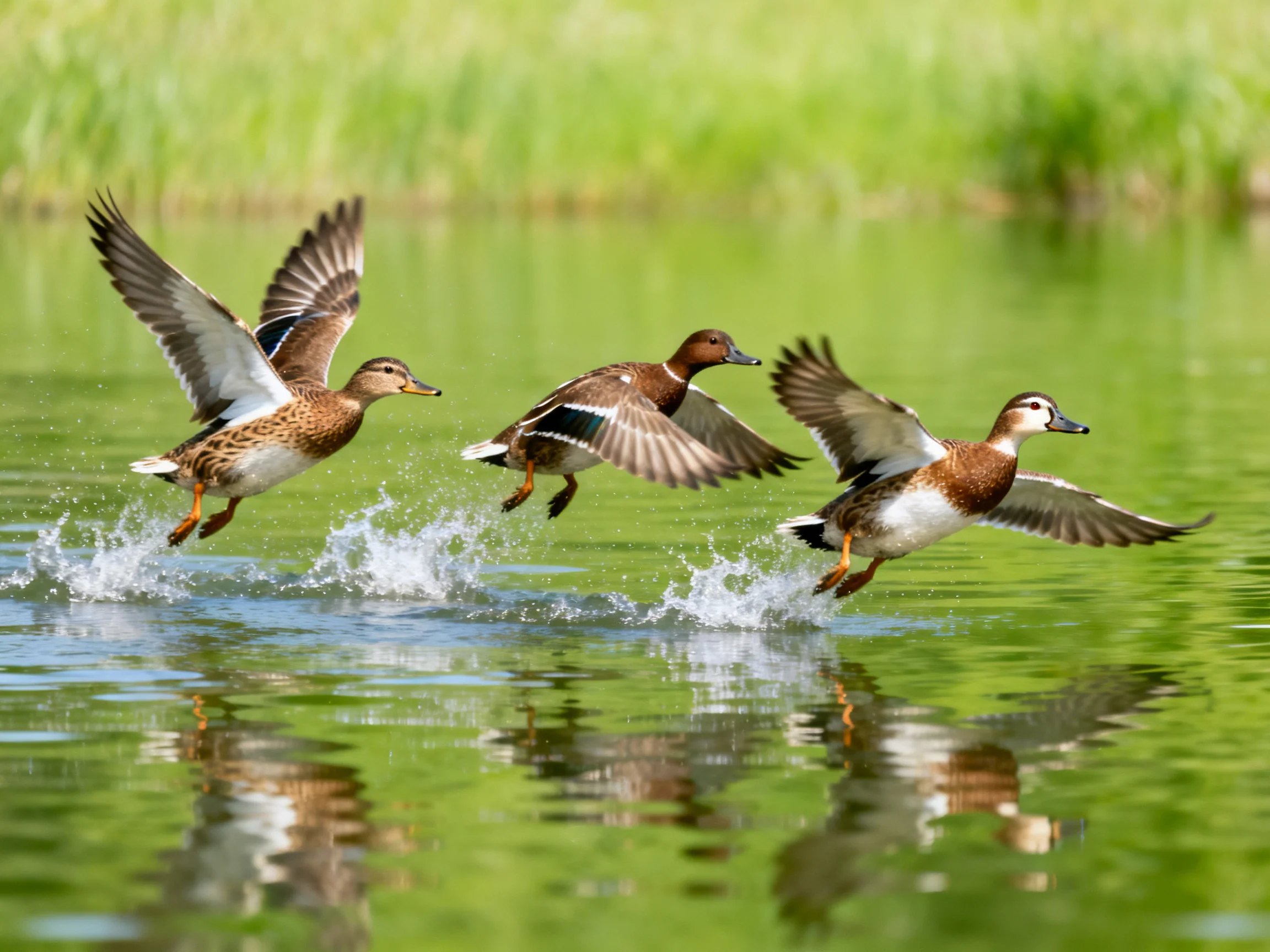 Three brown and white ducks take flight from green water with outstretched wings
