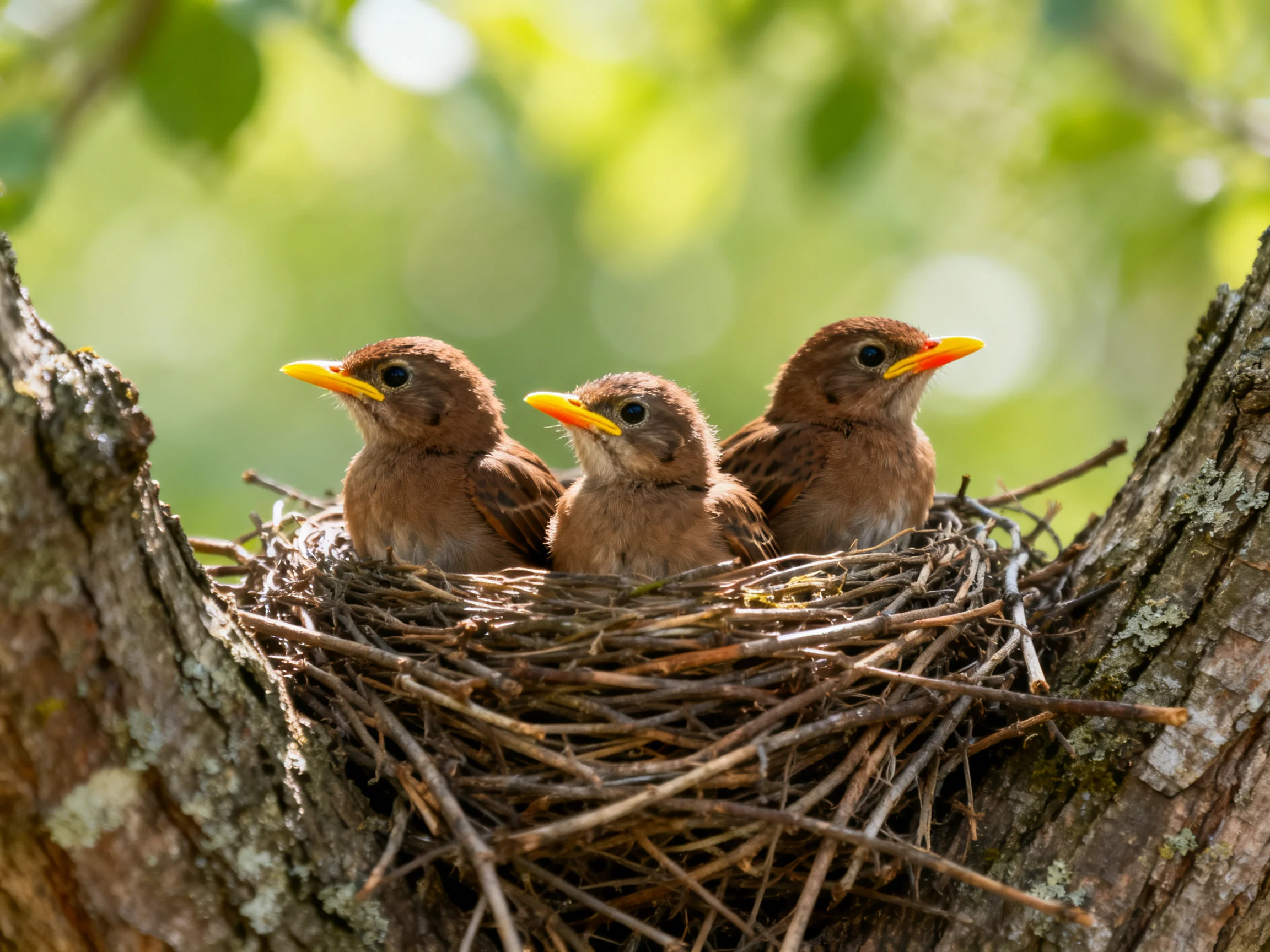 Three brown baby birds with yellow beaks in a twig nest