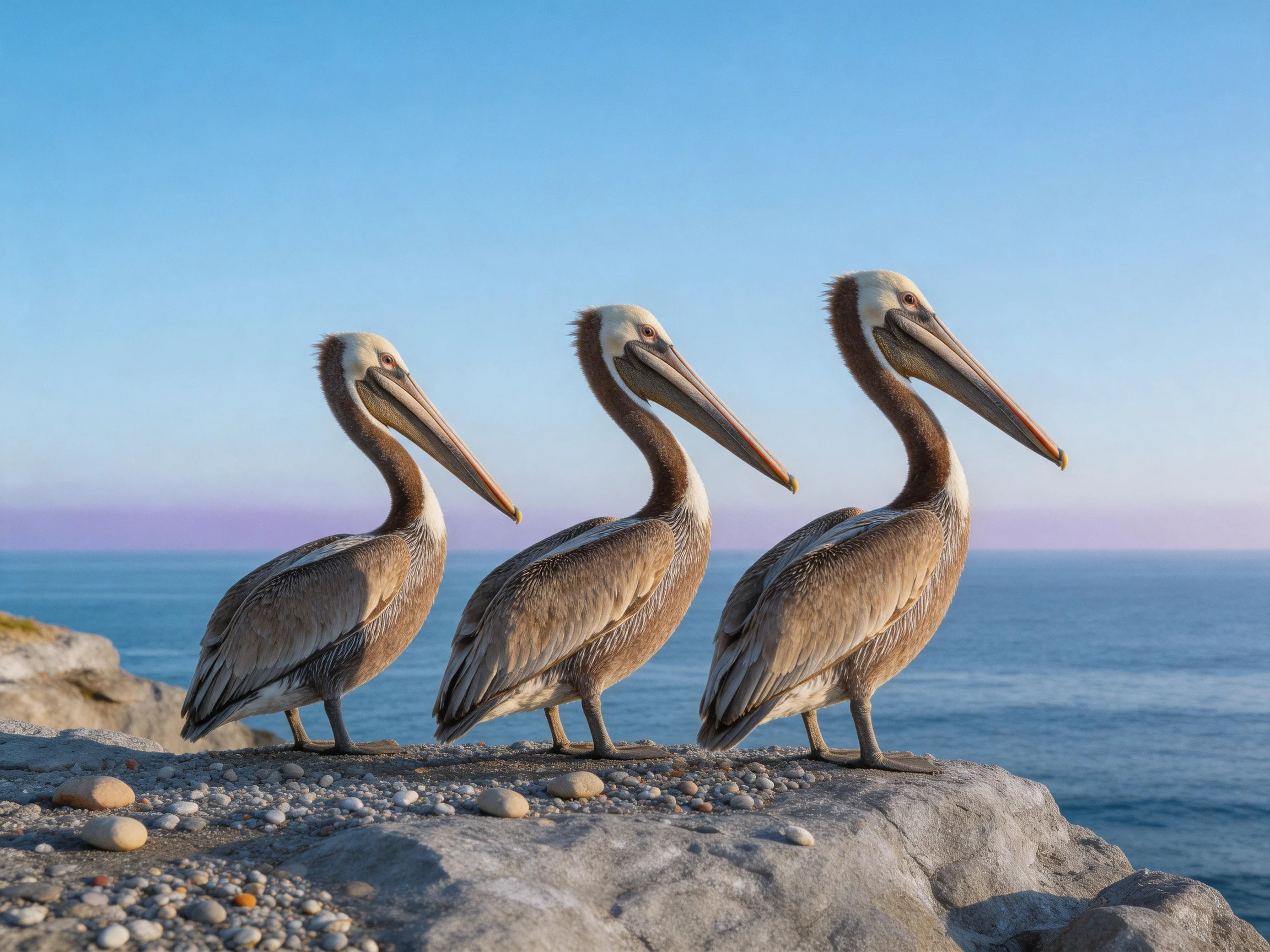 Three brown pelicans stand on a rocky cliffside near the ocean