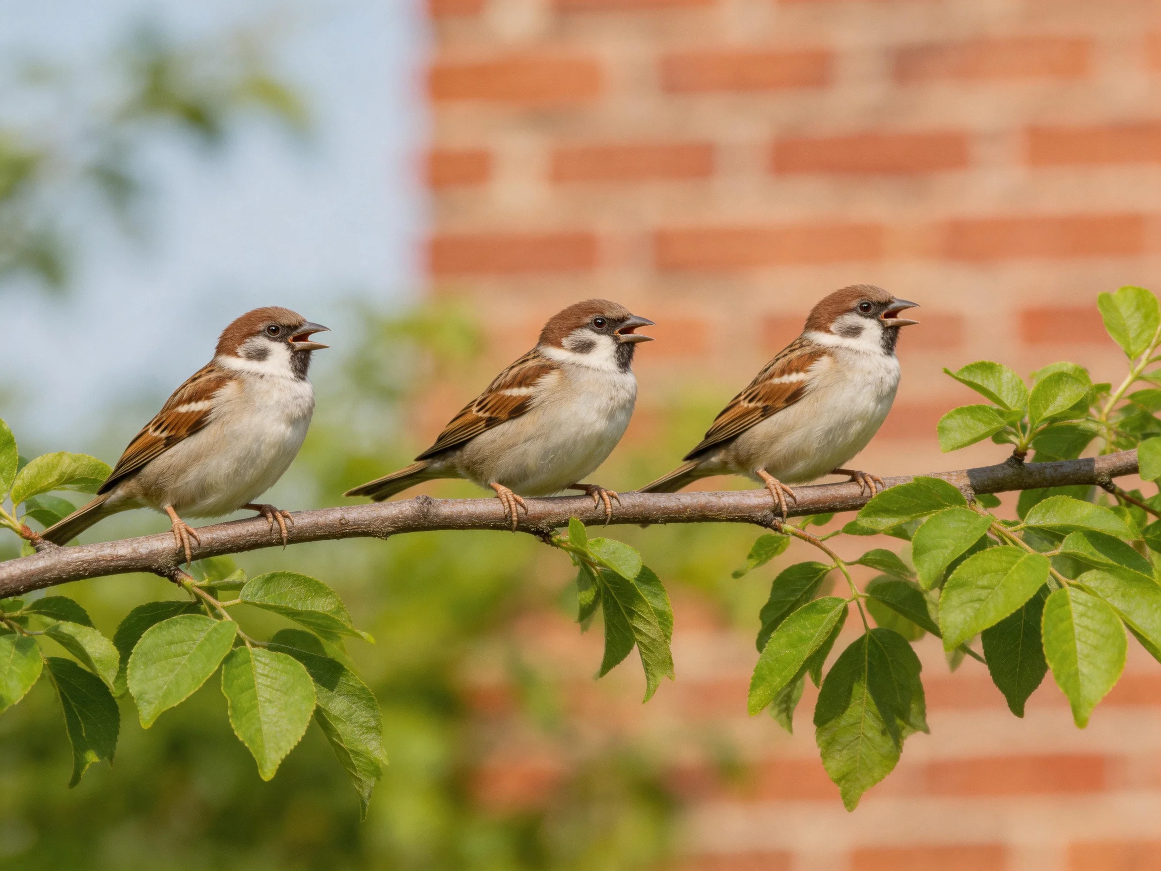 Three small birds sit on a branch with green leaves next to a brick structure