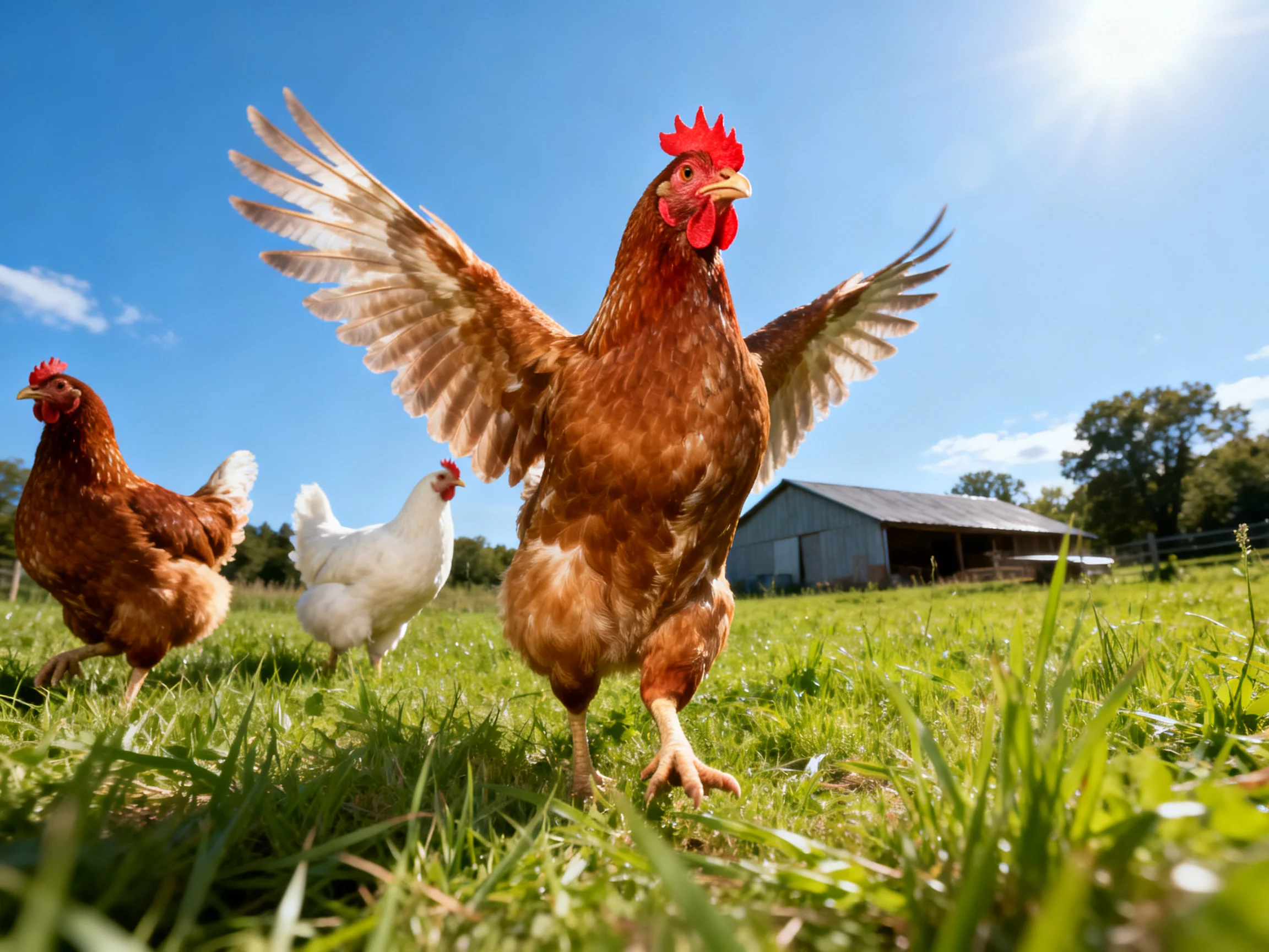 Three chickens, a brown rooster, in a sunny farm field