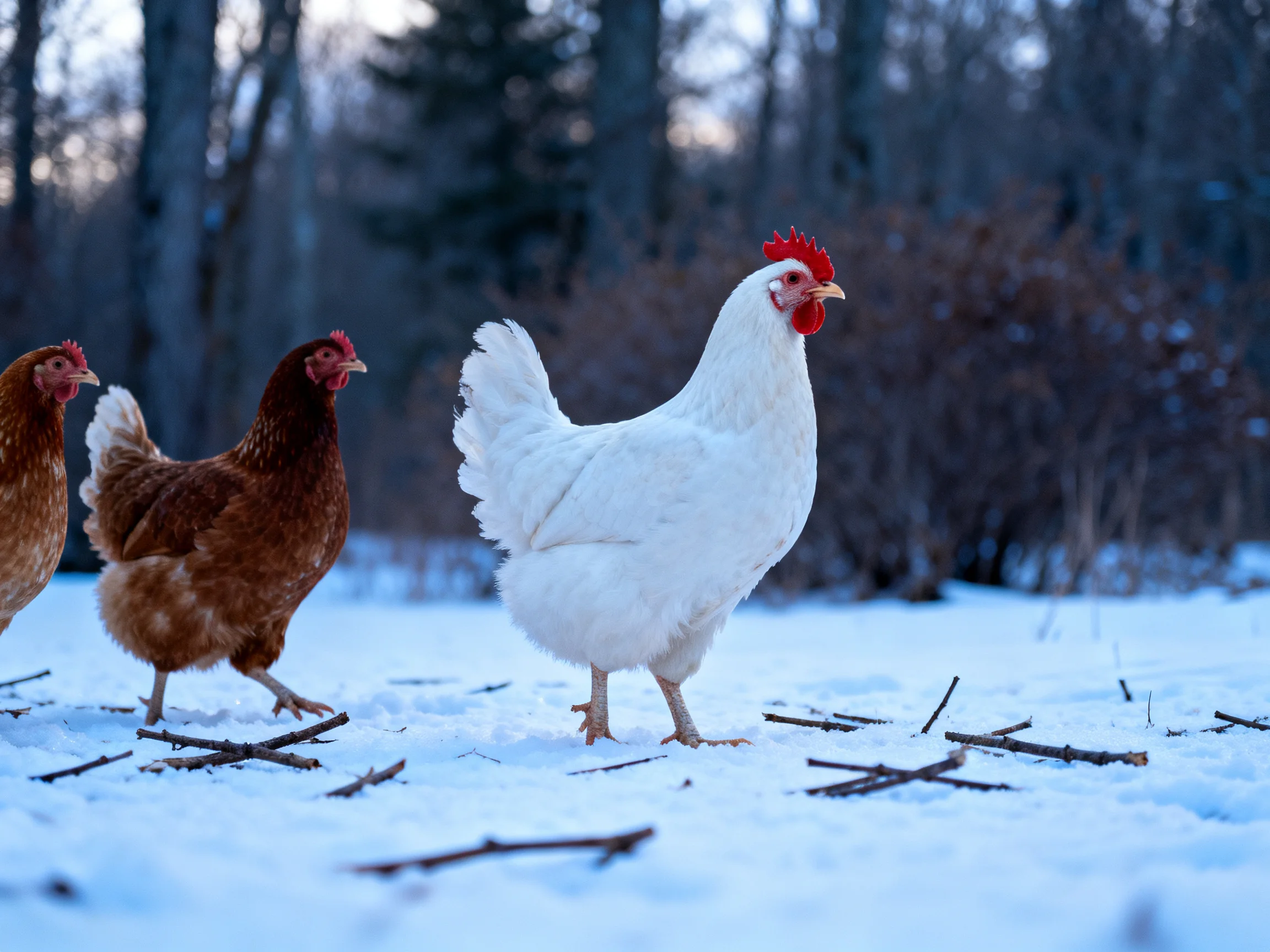 Three chickens of varying colors walk on snow - covered ground near trees