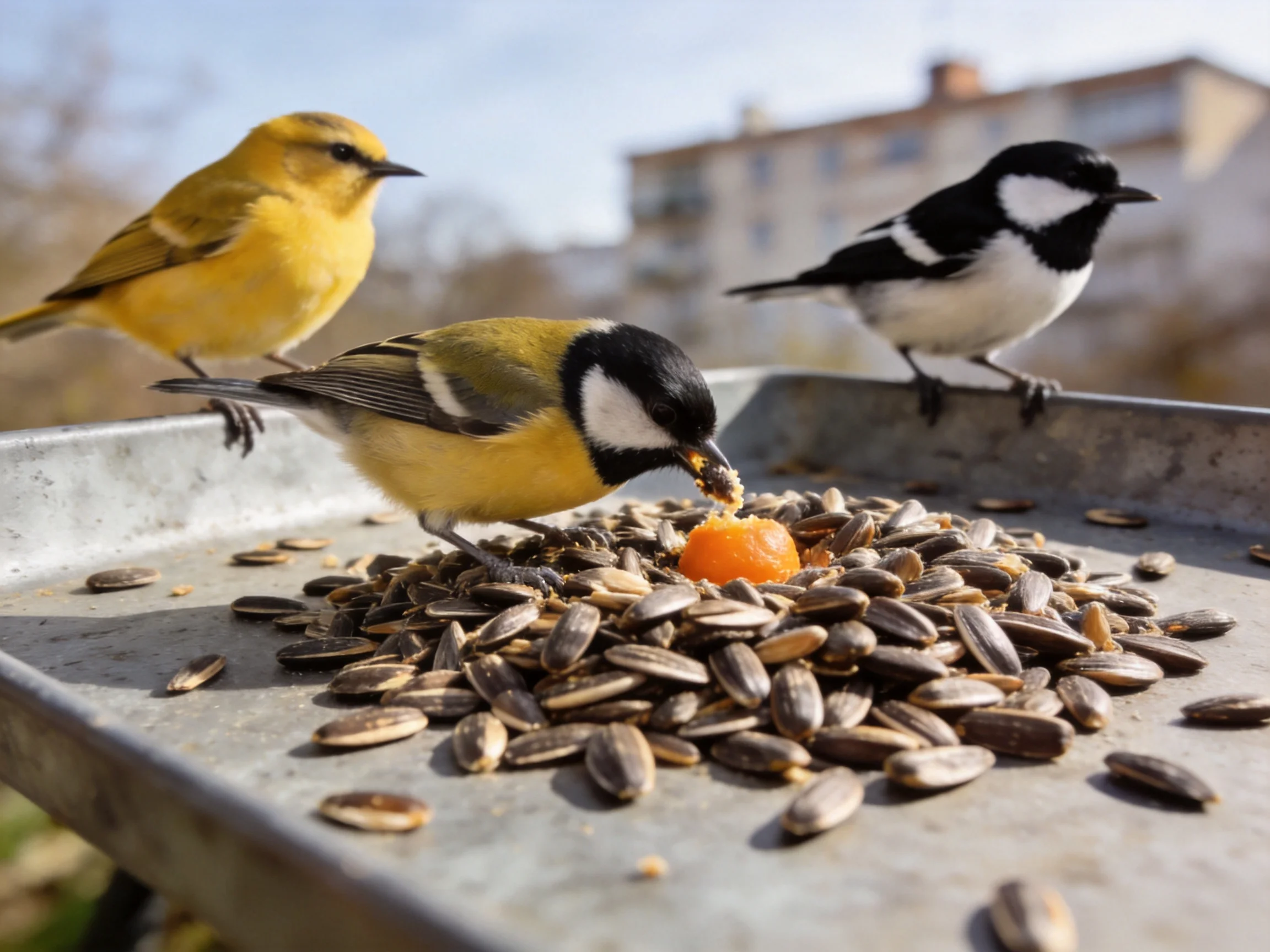 Three colorful birds feeding from a sunflower seed-filled tray outdoors