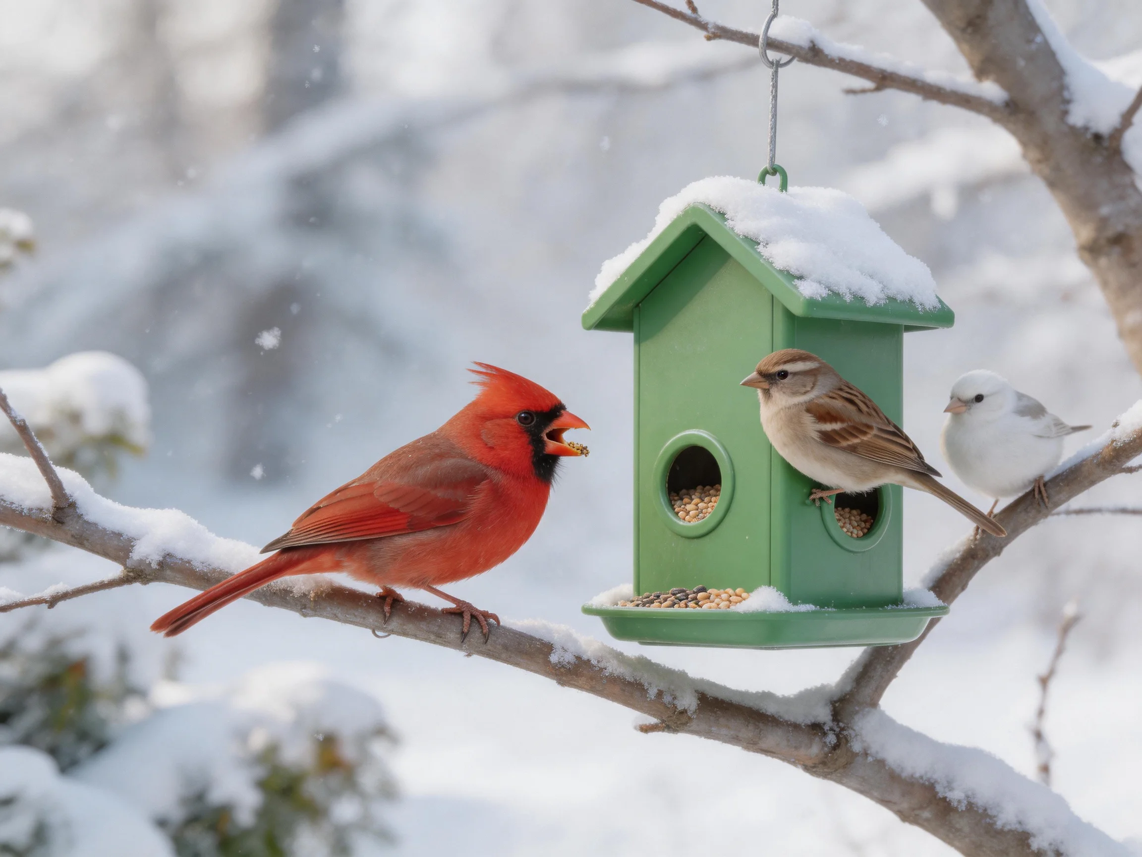 Three colorful birds gather around a green snow-dusted feeder