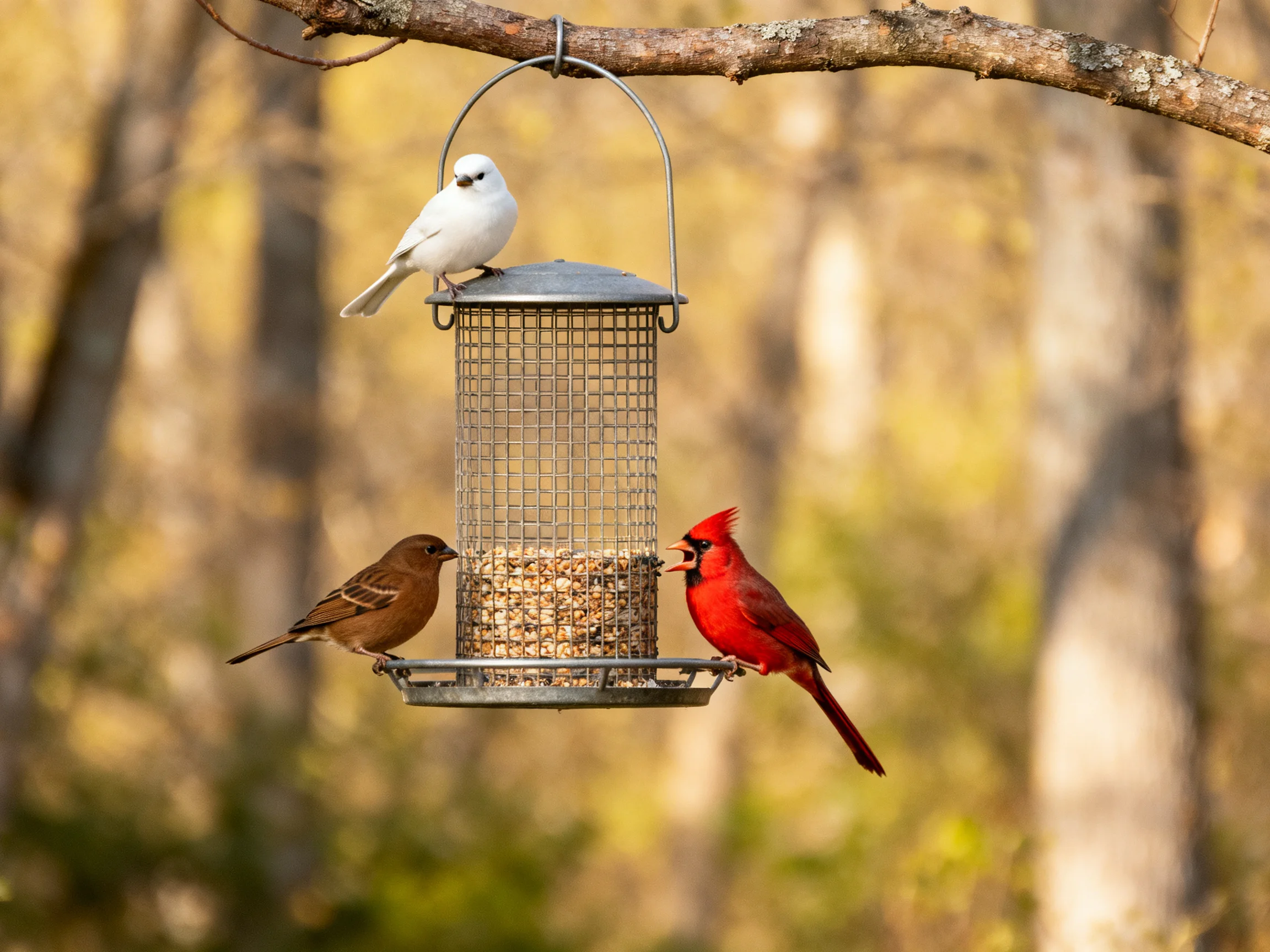 Three colorful birds gather around a metal seed feeder