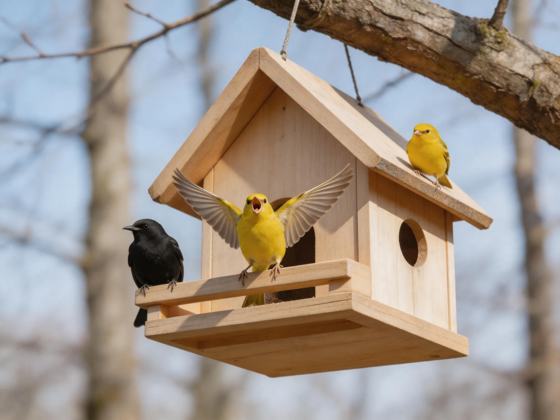 Three colorful birds gather near a wooden birdhouse attached to a tree branch.